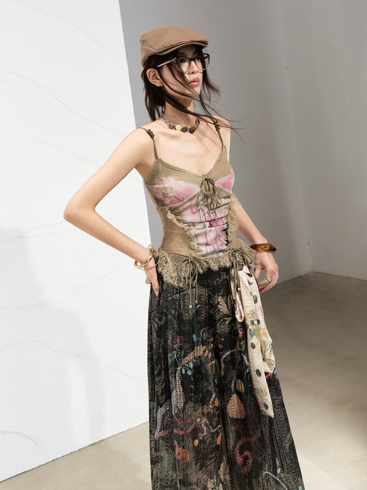 Lace Patchwork Lucite Beaded Suspenders