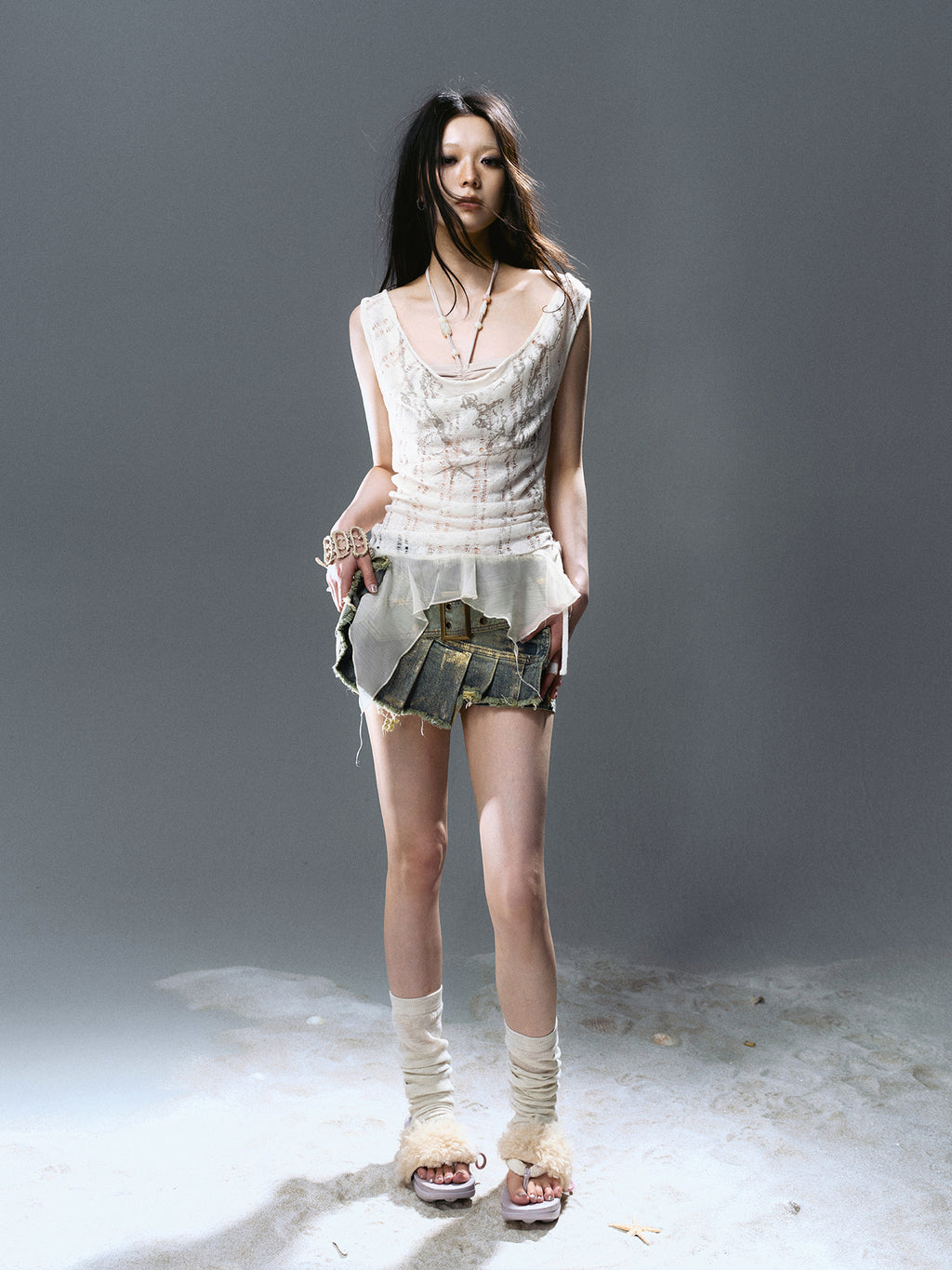 Beaded Chiffon Cut-Out Draped Neck Shell Top