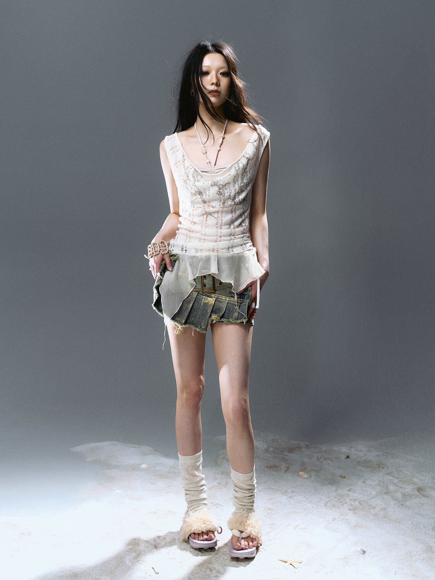 Beaded Chiffon Cut-Out Draped Neck Shell Top