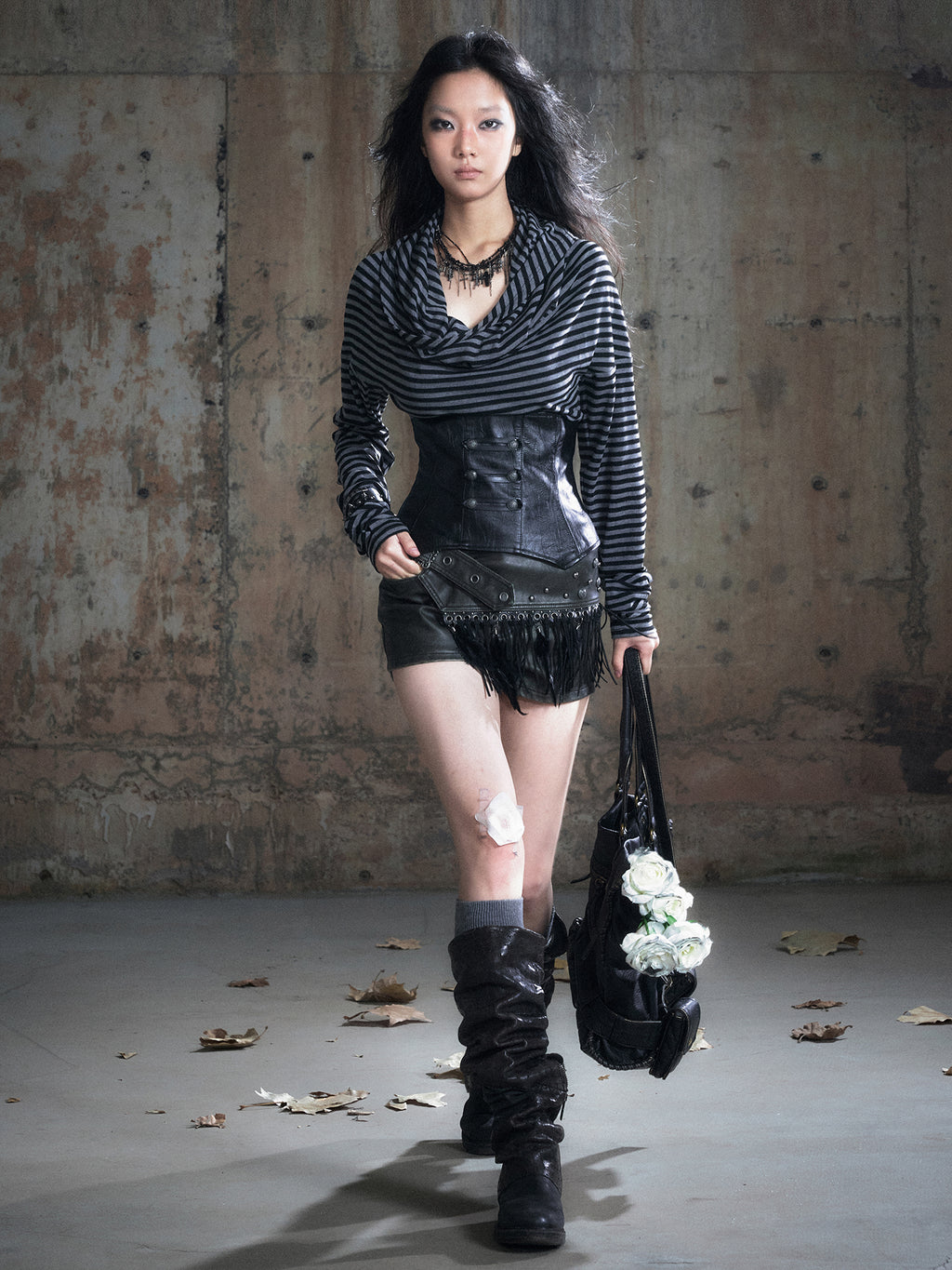 Leather Corset Striped Draped Knit Long Sleeve Tee