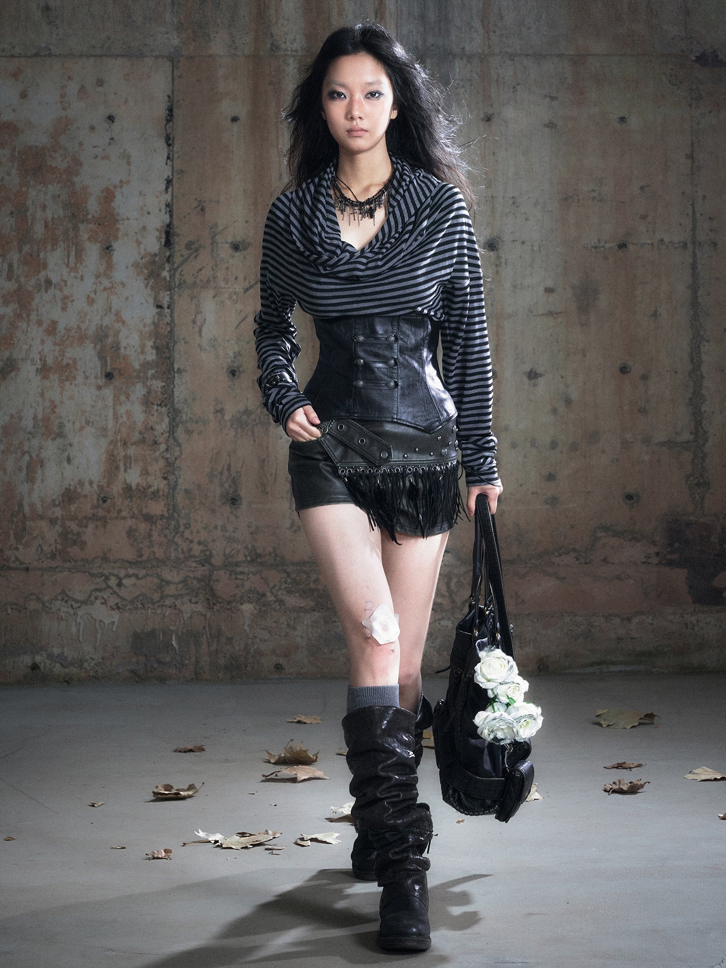 Leather Corset Striped Draped Knit Long Sleeve Tee