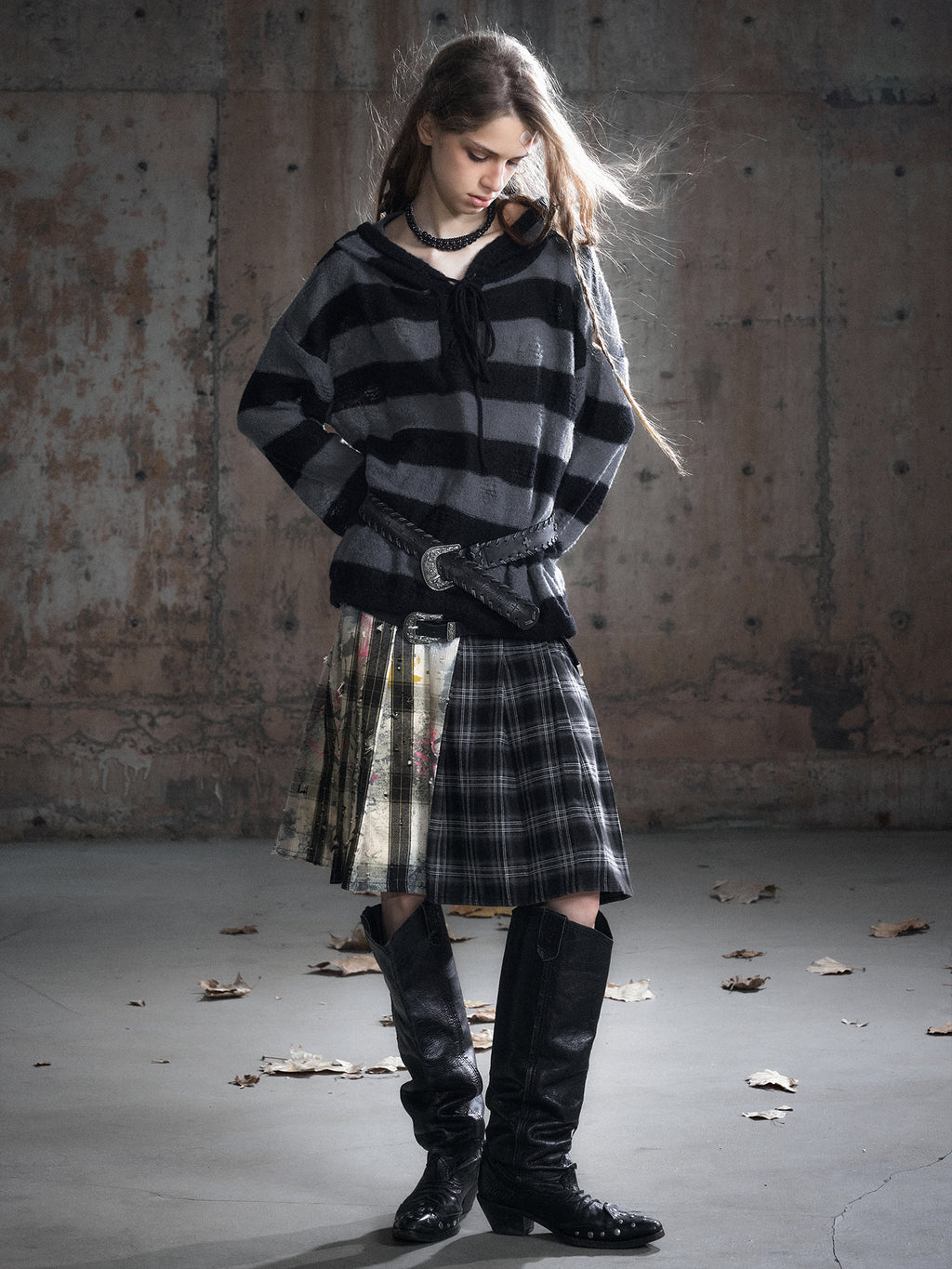 Leather Waist Panel Black Gray Plaid Belted Pleated Skirt