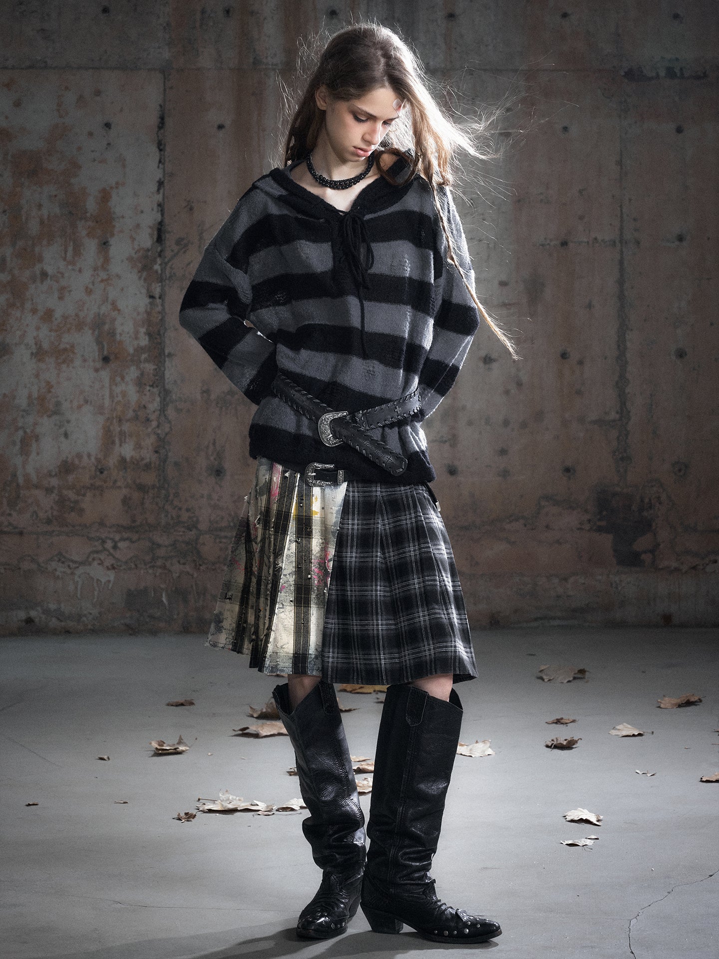Leather Waist Panel Black Gray Plaid Belted Pleated Skirt
