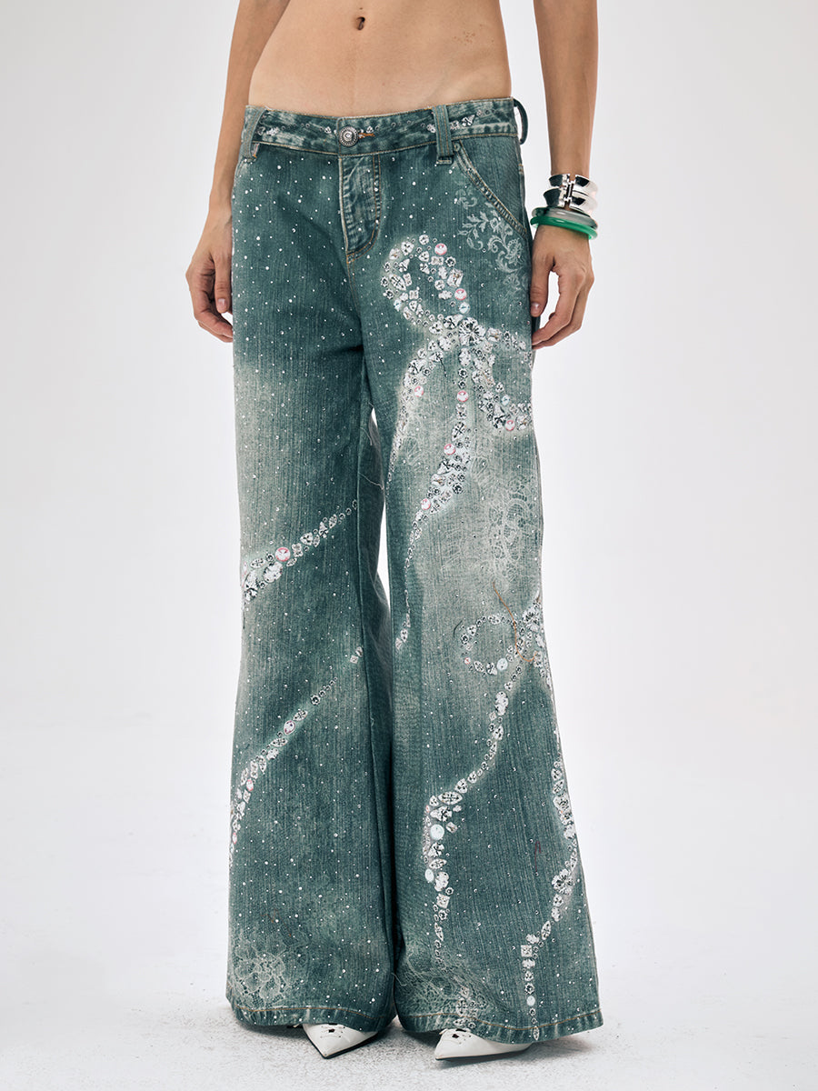 Full Rhinestone Bow Wide Leg Pants