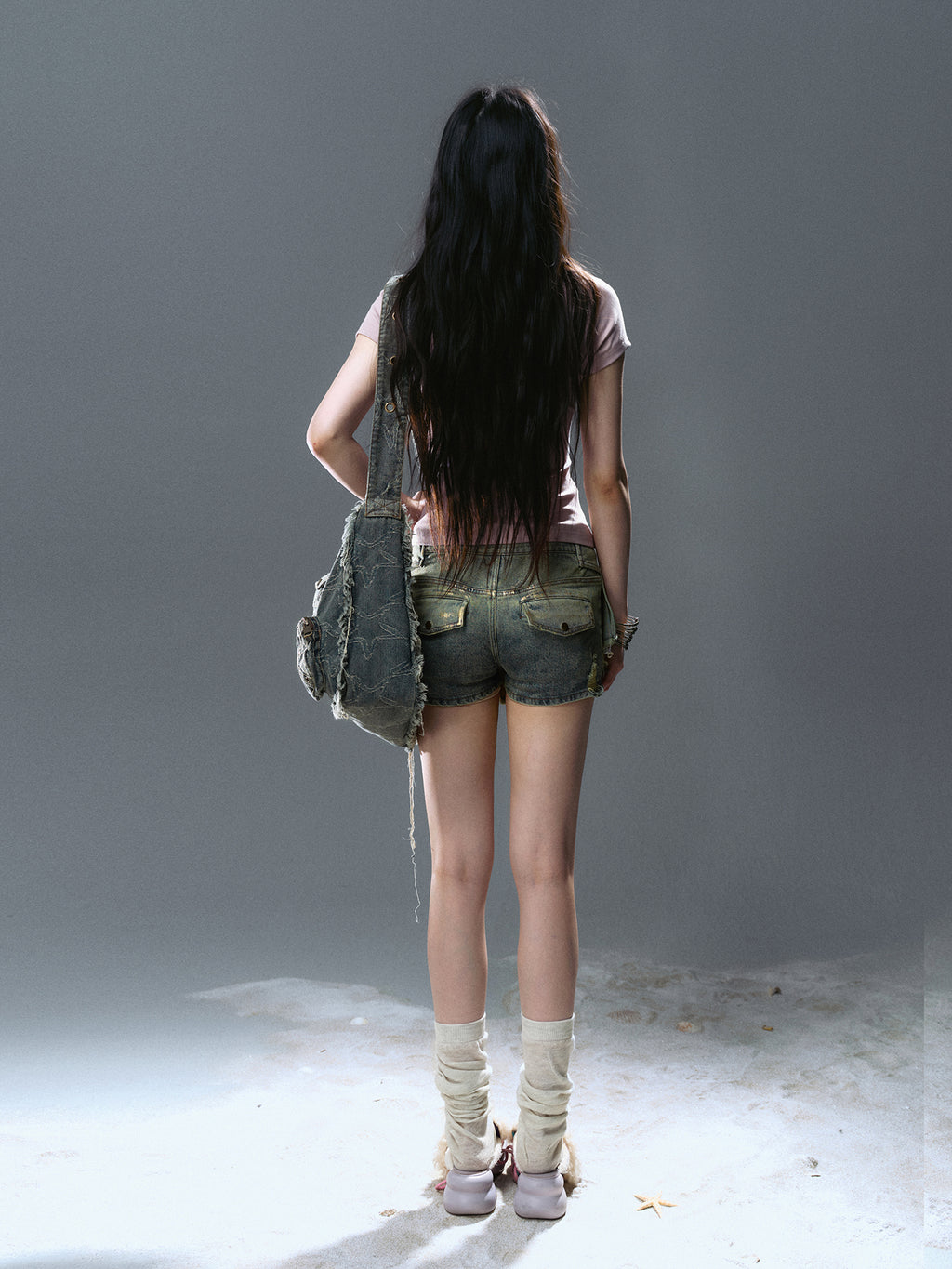 Asymmetrical Gold-Foil Raw Hem Denim Skort