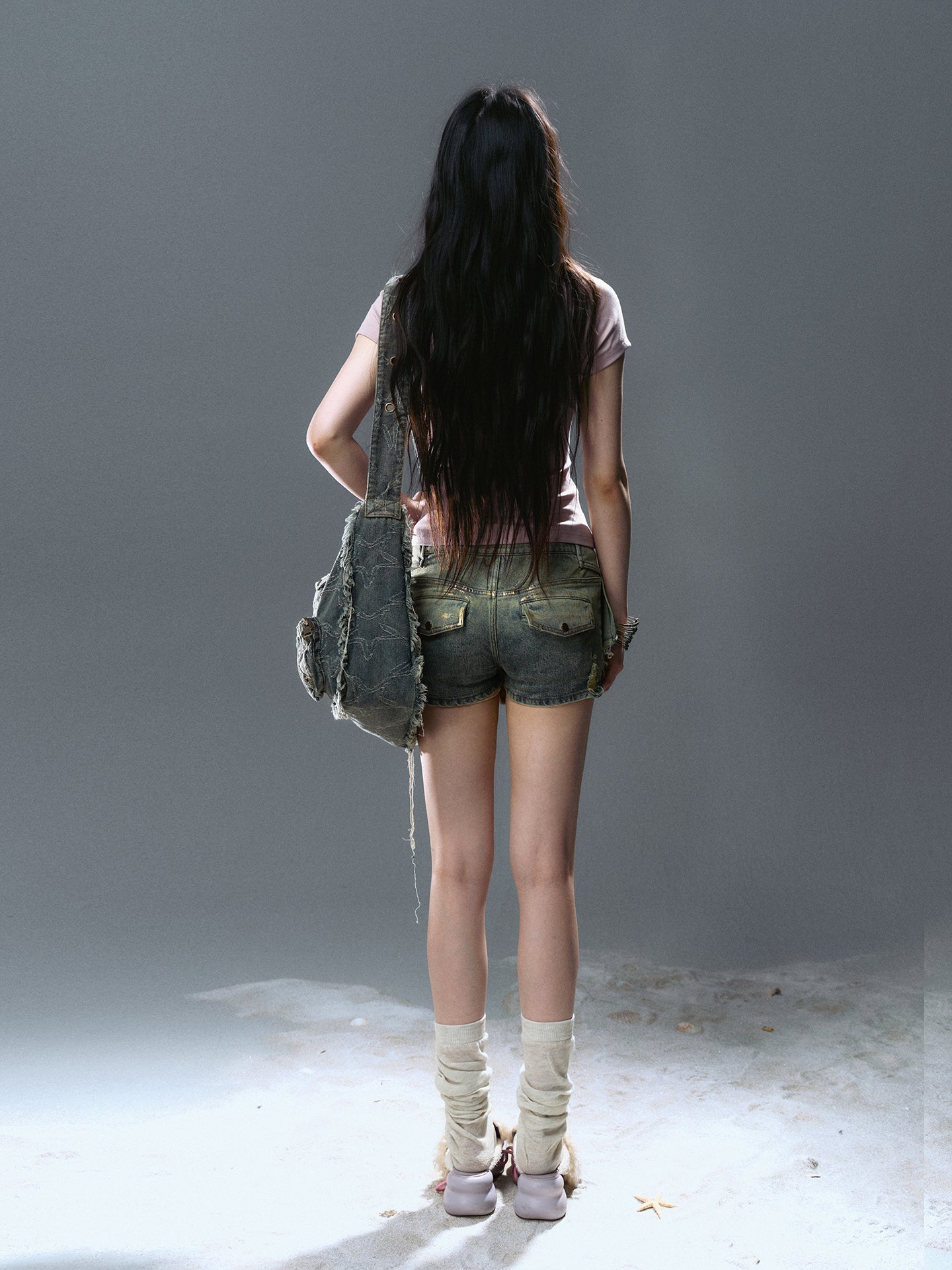 Asymmetrical Gold-Foil Raw Hem Denim Skort