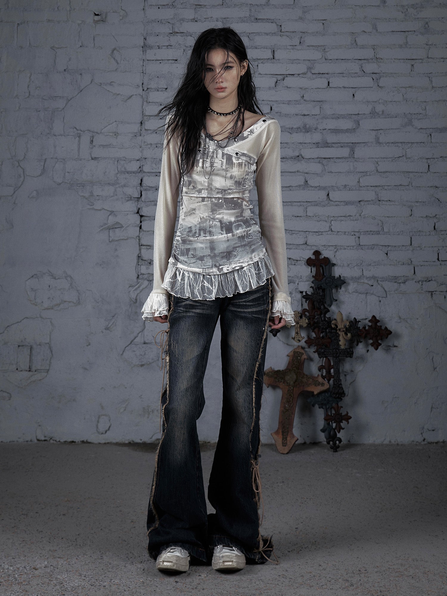 Mesh Panel Long Sleeve T-Shirt