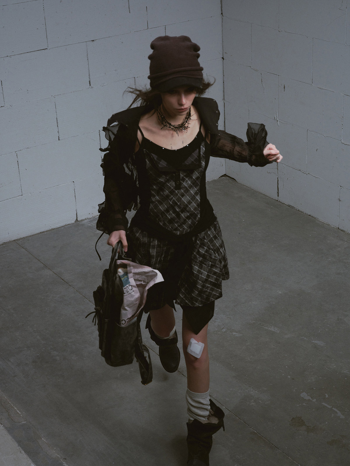 Layered Black & Gray Plaid Slip Dress