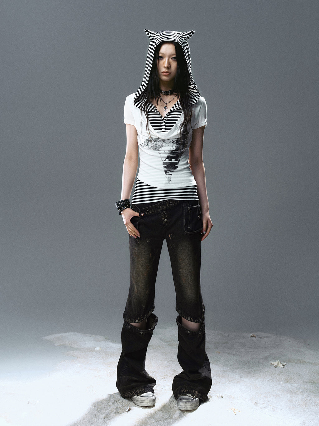 Cat-Ear Hooded Draped Neck T-Shirt