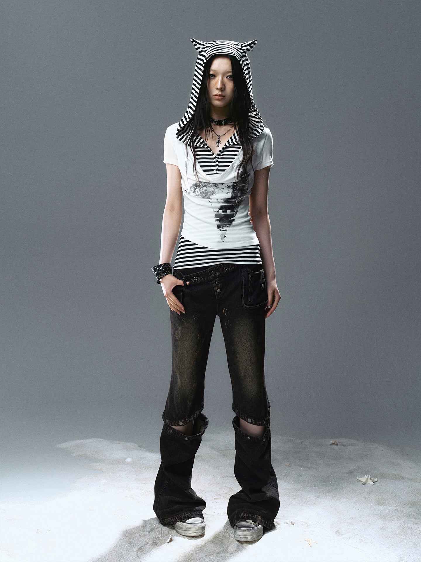 Cat-Ear Hooded Draped Neck T-Shirt