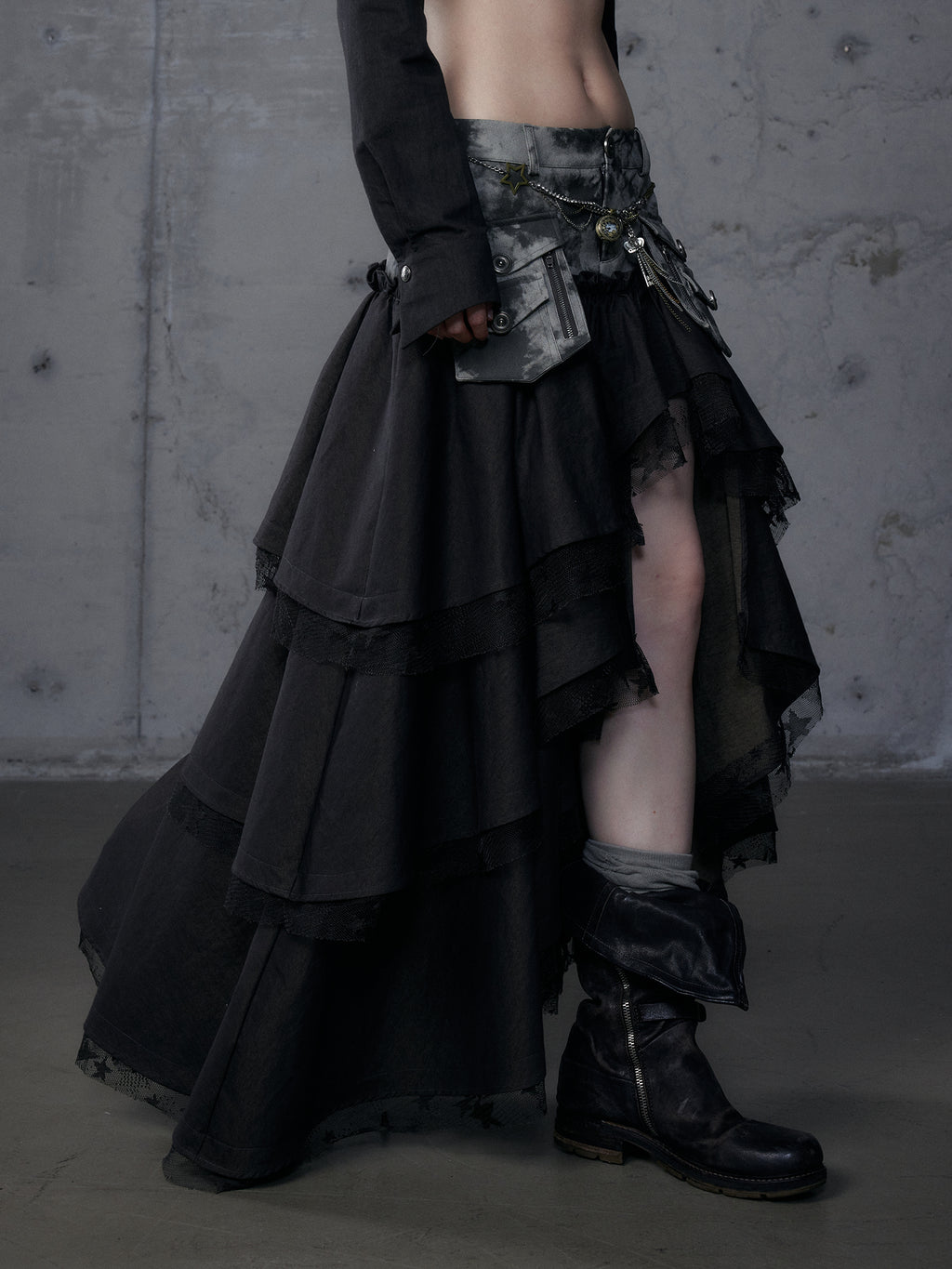 Asymmetrical Heavy-Tiered False Layered Maxi Skirt