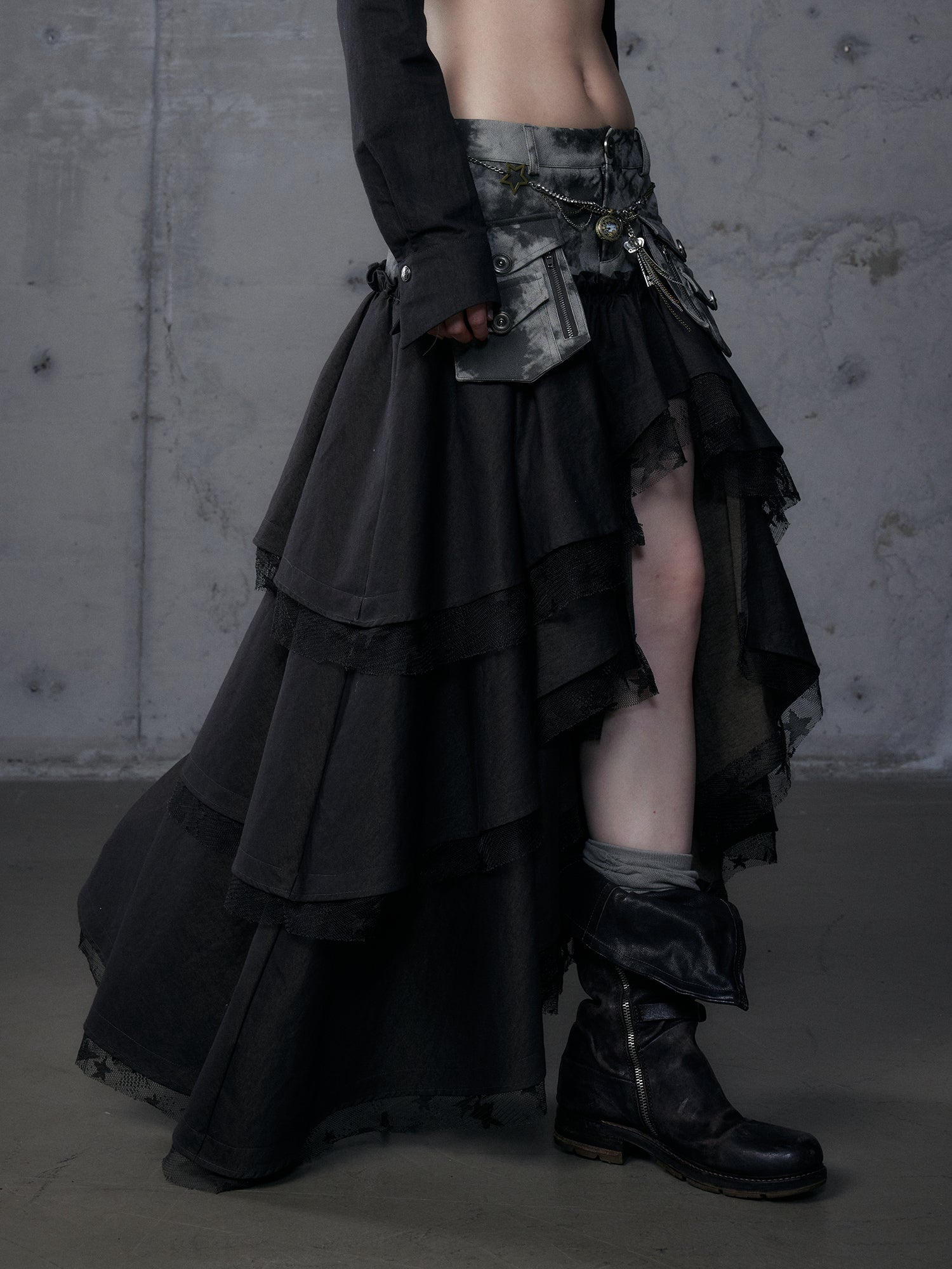 Asymmetrical Heavy-Tiered False Layered Maxi Skirt