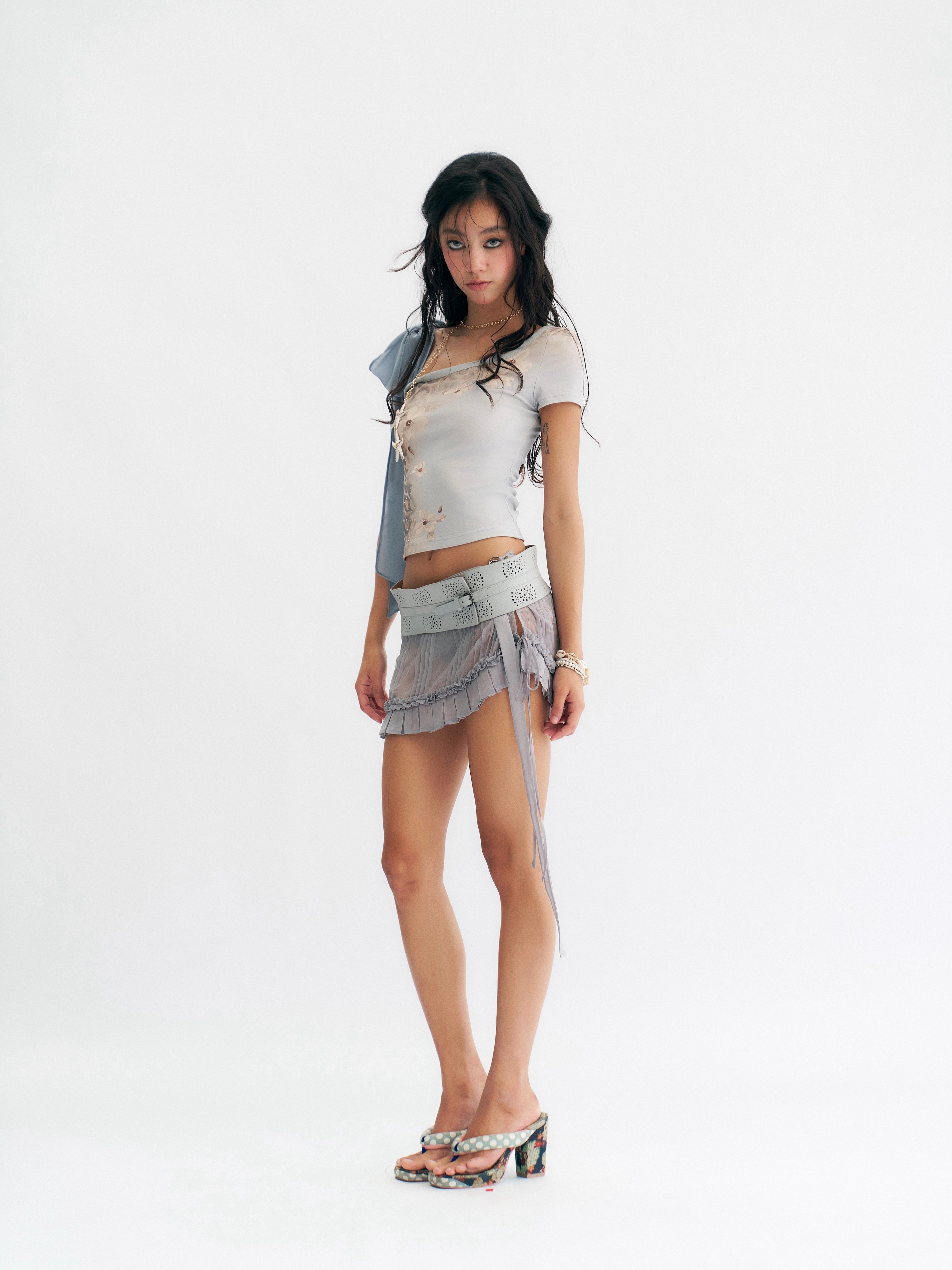 Blue-Gray One-Pleat Chiffon Skirt