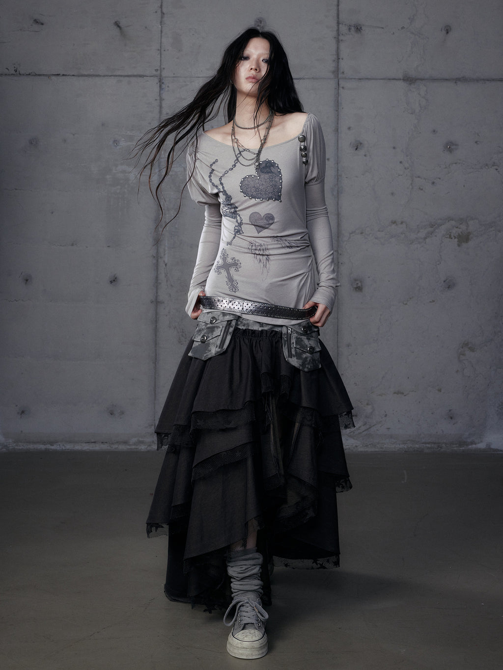 Baroque Puff Sleeve Asymmetric Slim Print Long Sleeve Tee