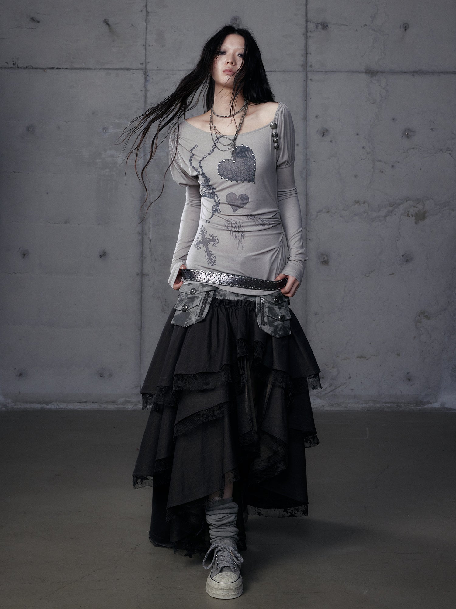 Baroque Puff Sleeve Asymmetric Slim Print Long Sleeve Tee