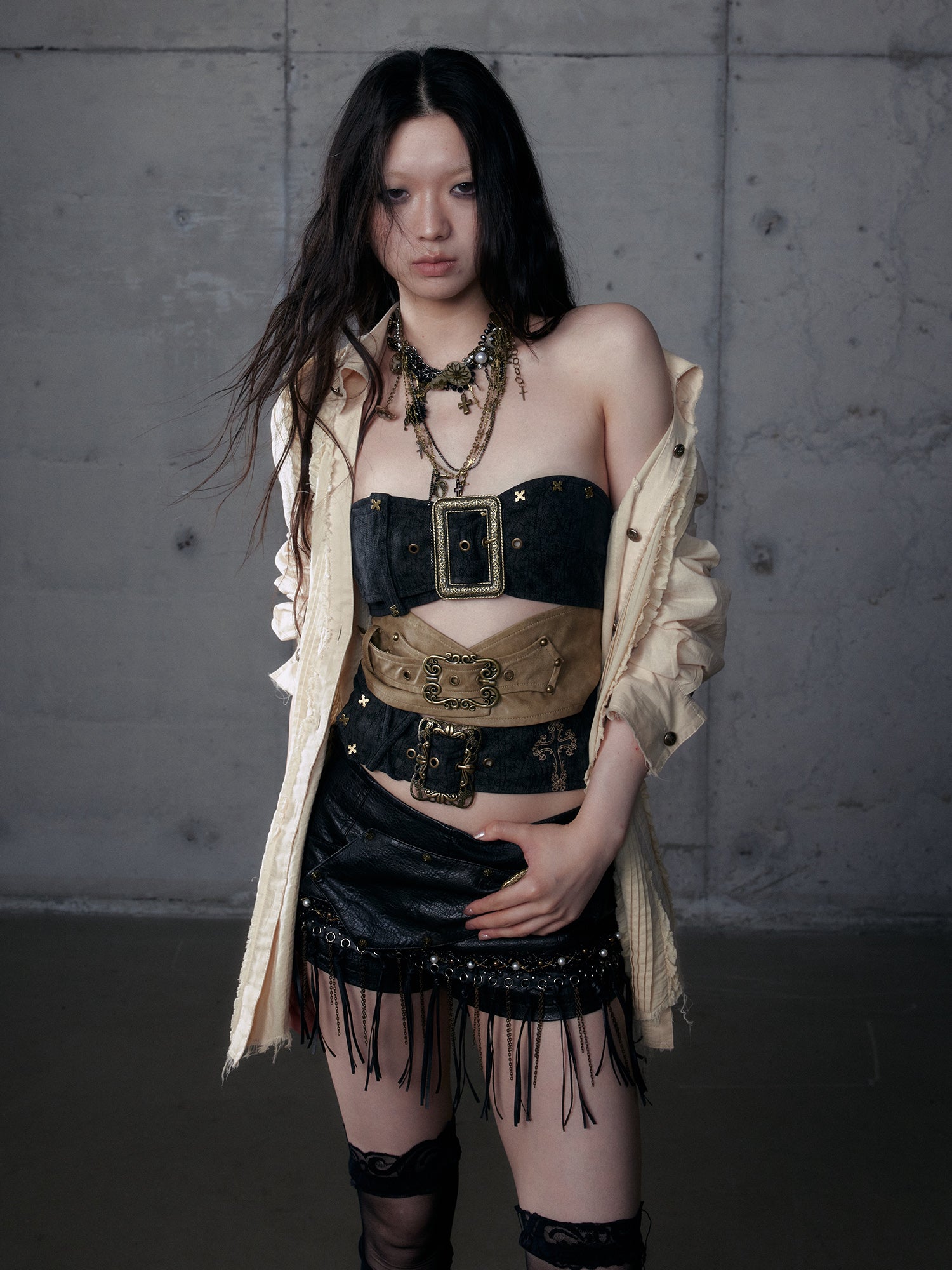 Leather Strap Metal Asymmetrical Color-Block Tube Top