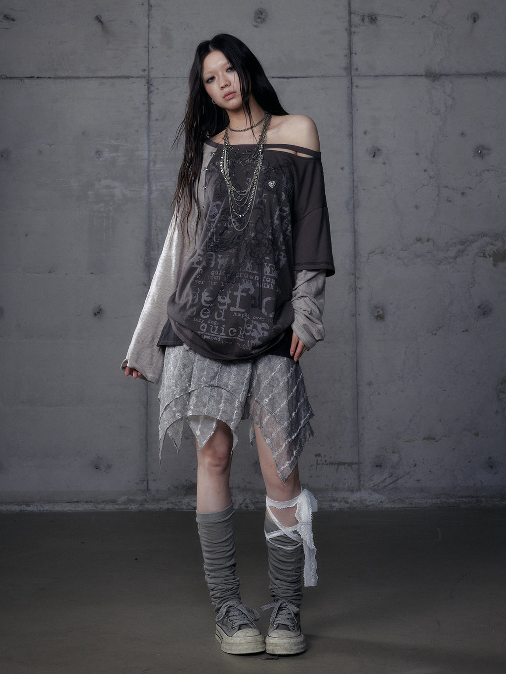 Distressed Fake Two-Piece Off-Shoulder Long Sleeve Top