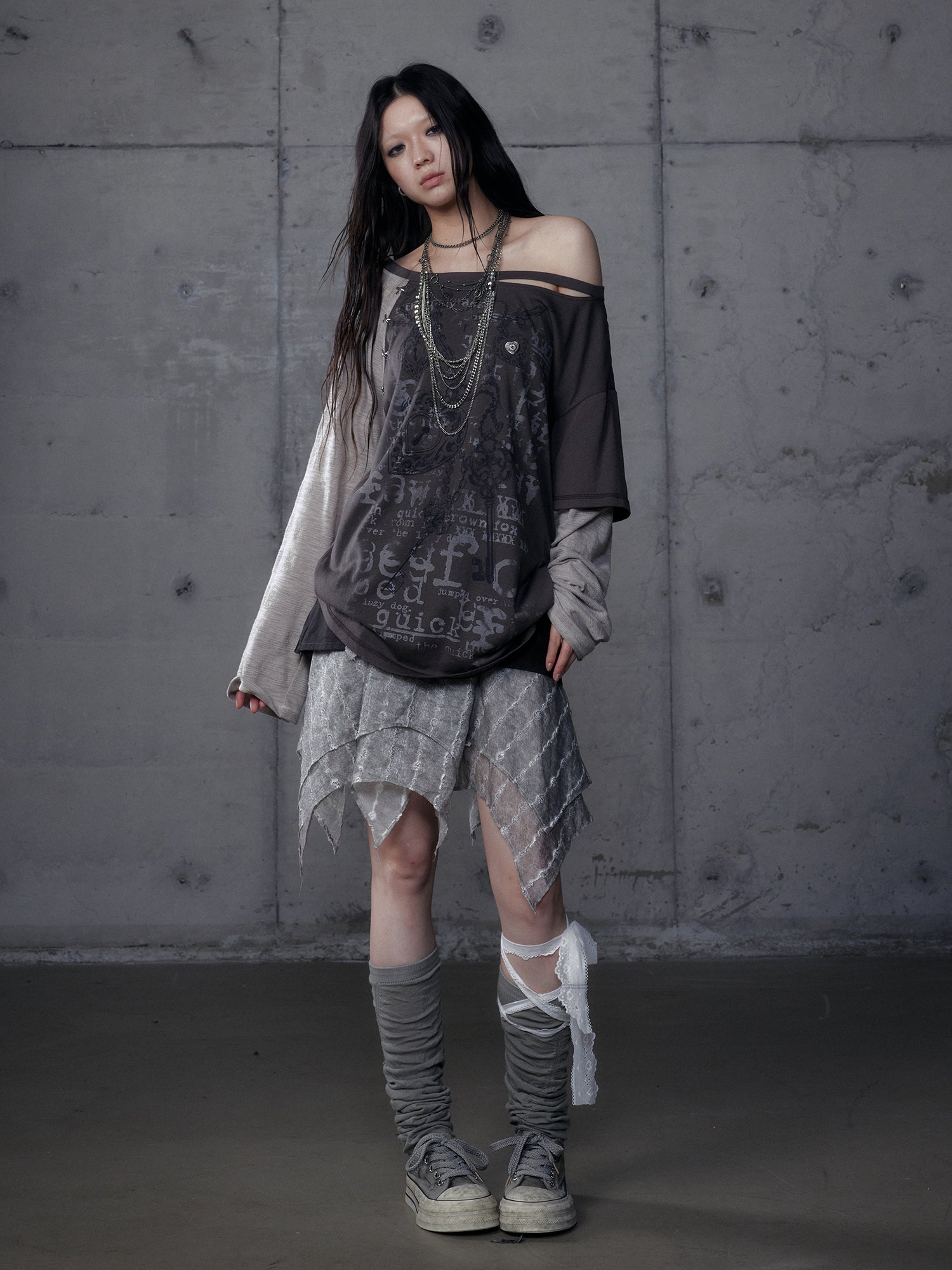Distressed Fake Two-Piece Off-Shoulder Long Sleeve Top