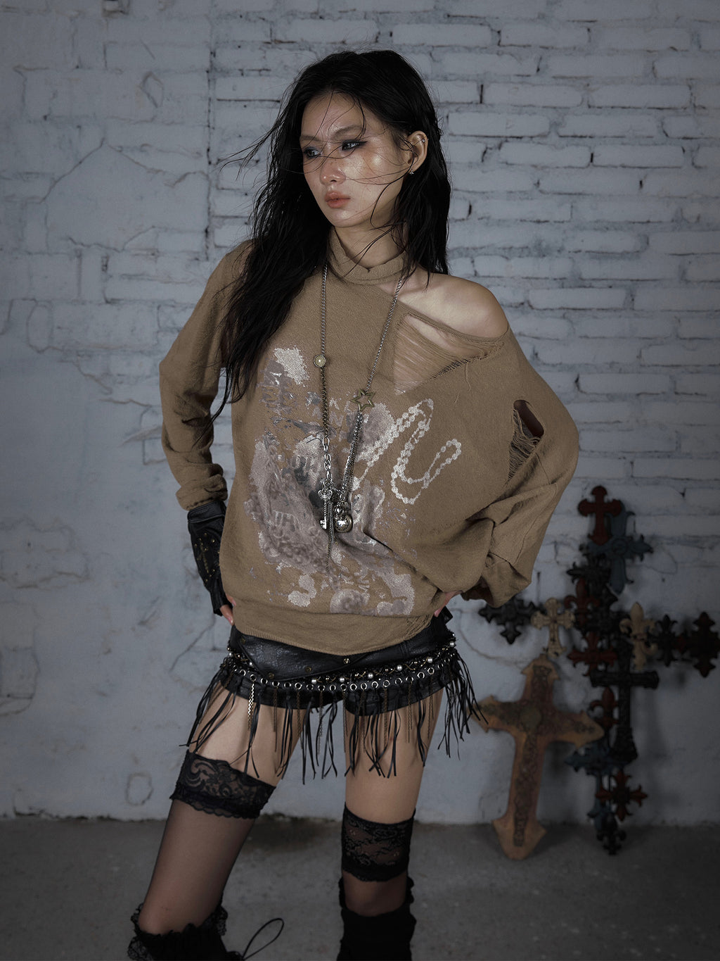 Distressed Off-Shoulder Loose Knit Sunshirt