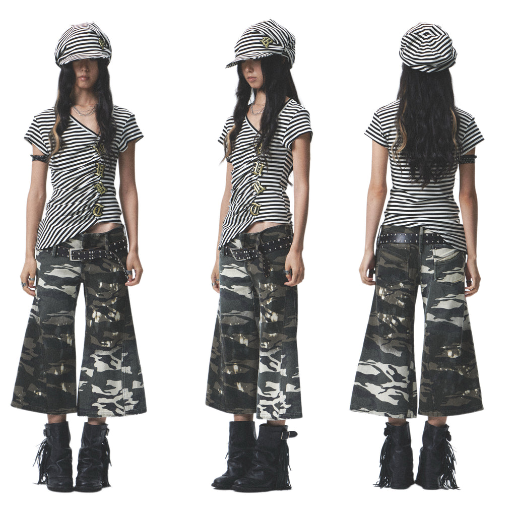 Striped Asymmetrical Embroidered Tee
