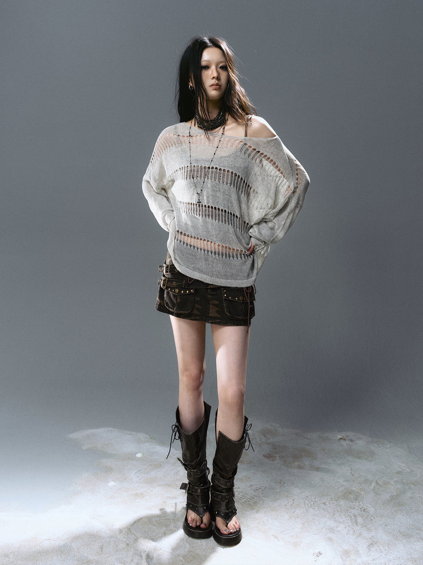 Oversize Linen Knit Cardigan with Distressed Holes