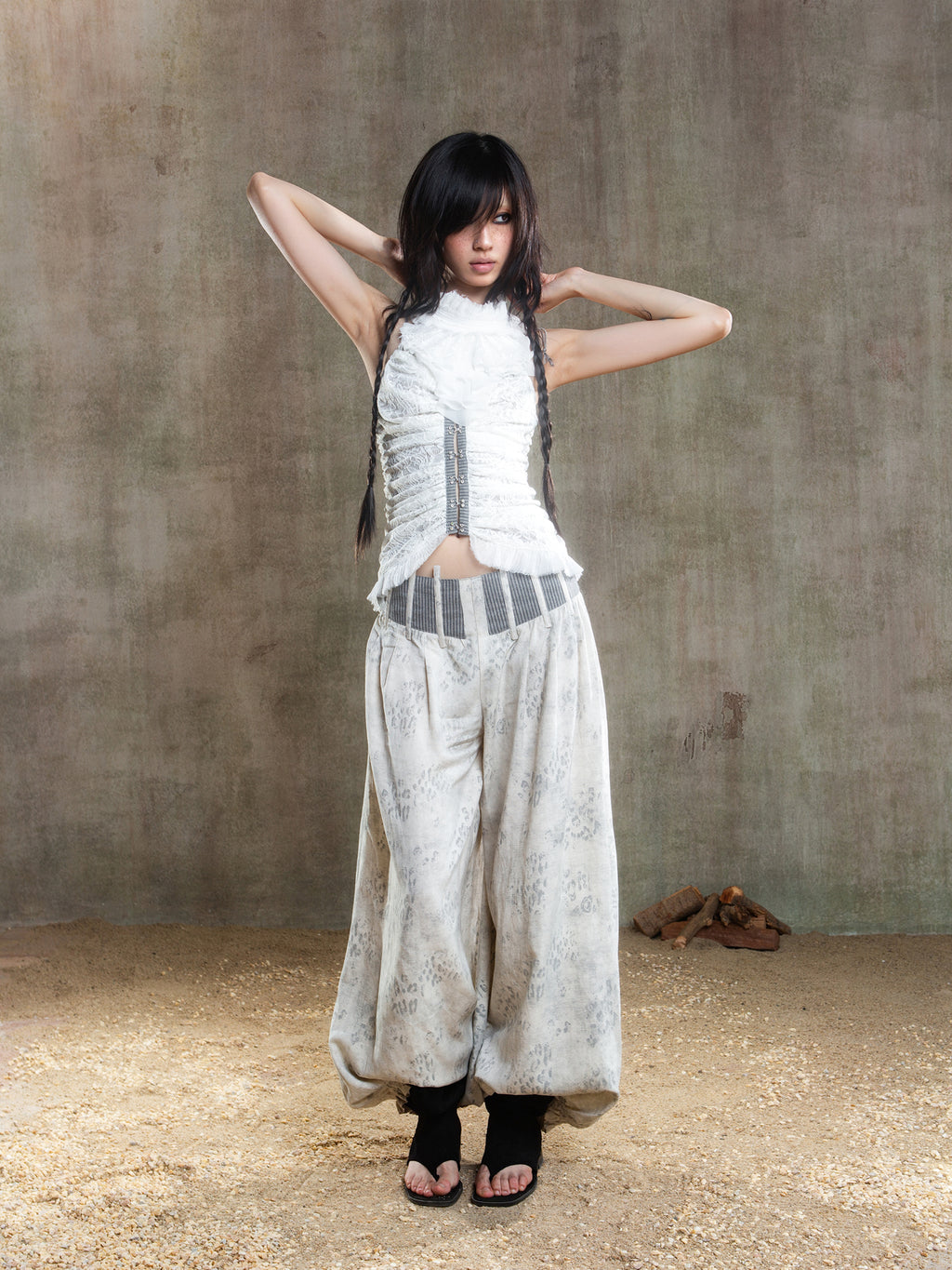 Fishbone Waistband Low-Rise Pants