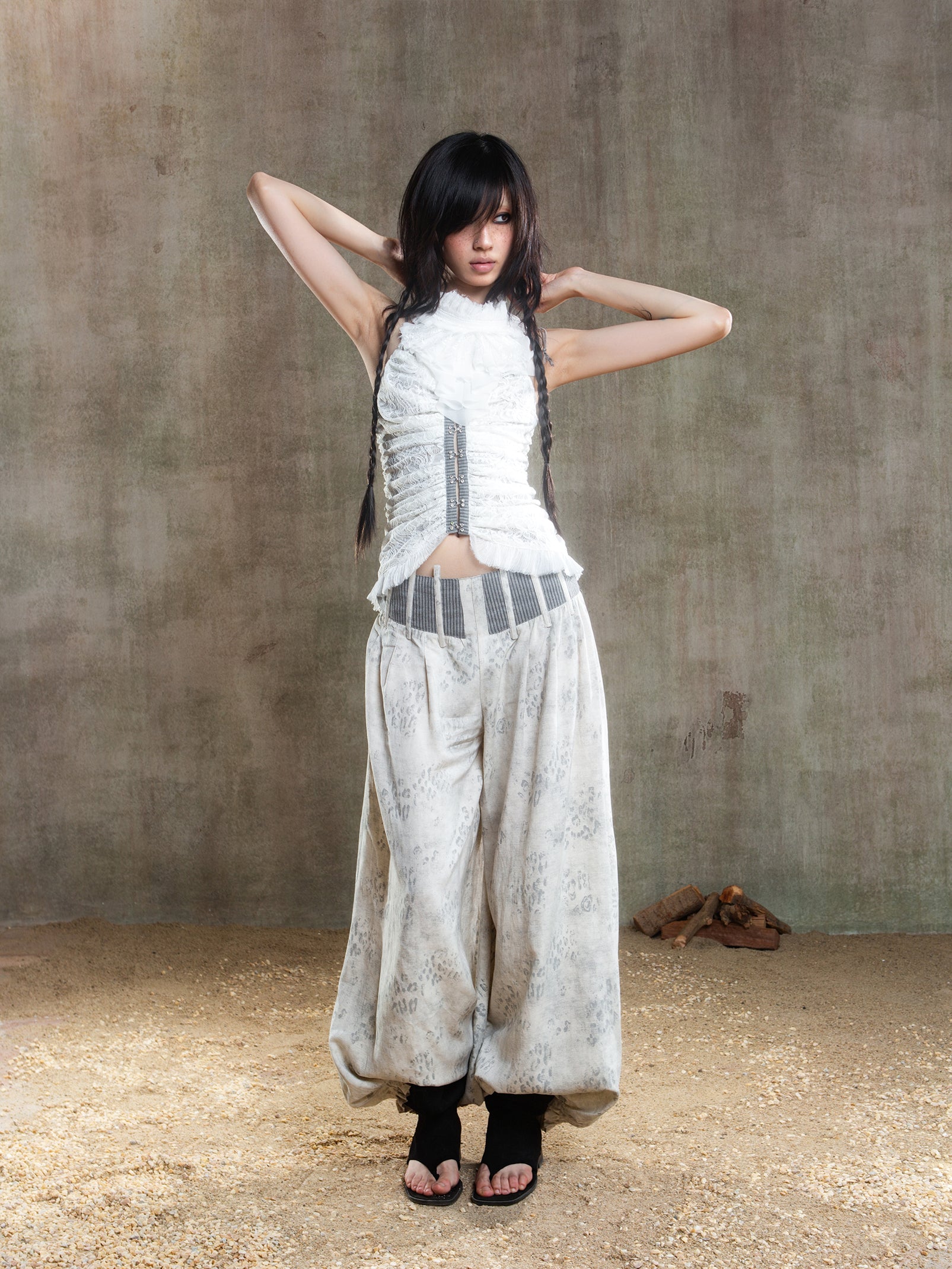 Fishbone Waistband Low-Rise Pants