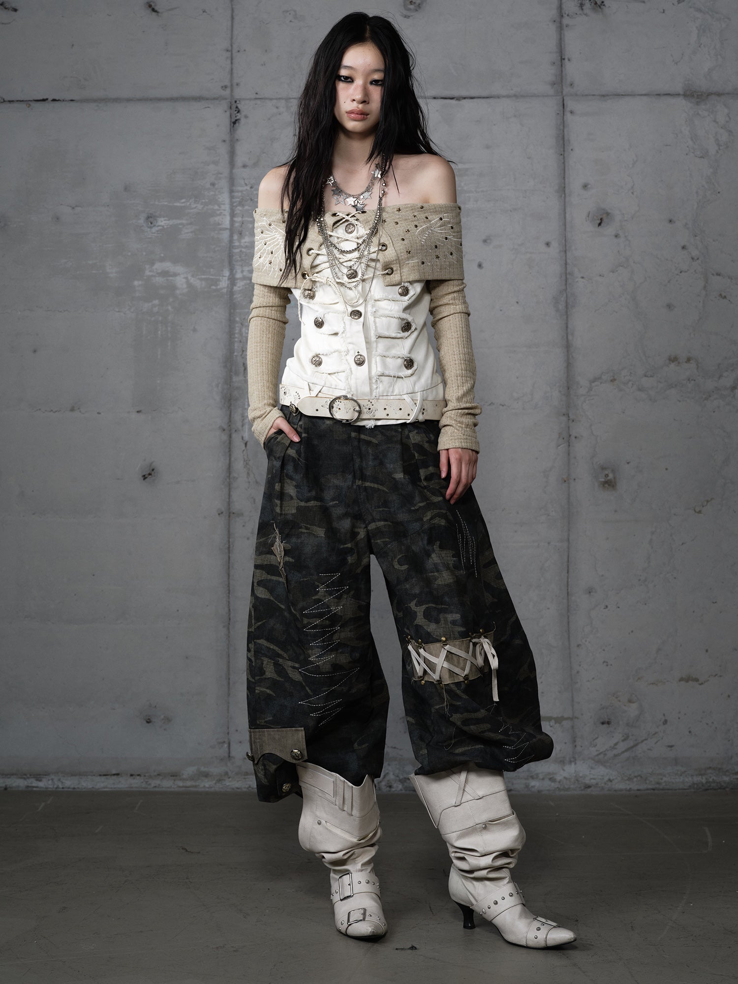 Knit Denim Off-Shoulder T-Shirt