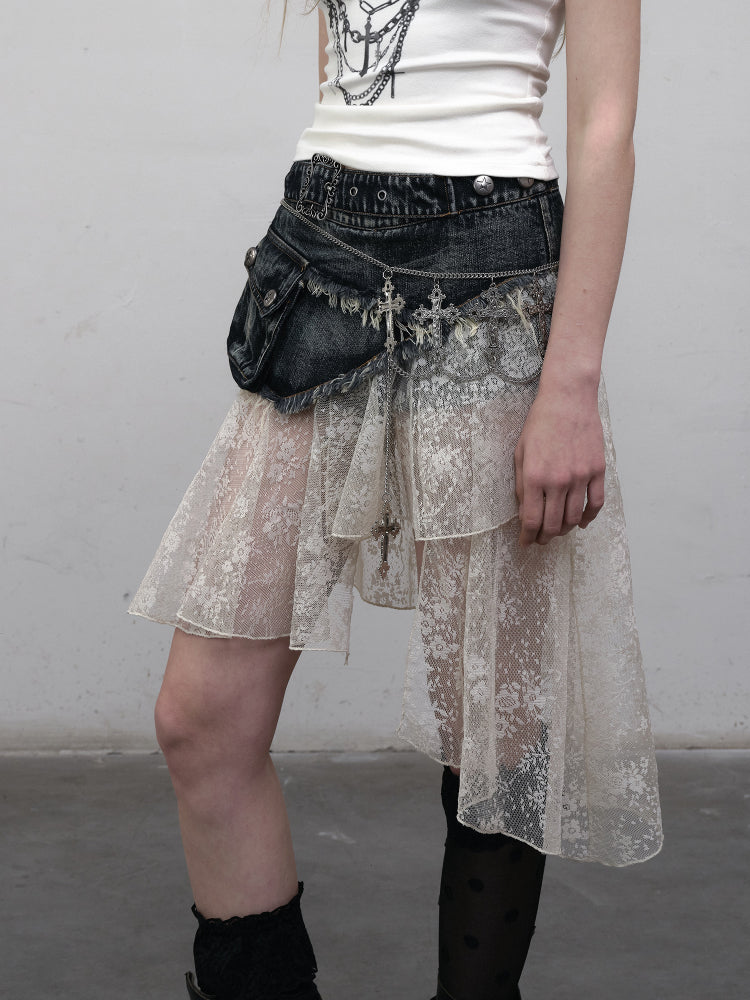 Lace Denim Asymmetrical Skirt