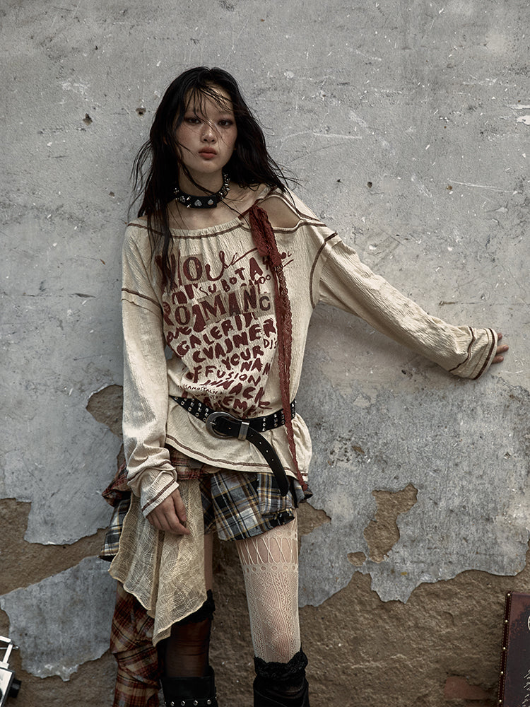 Distressed Tie-Dye Lace Print Oversized Tee
