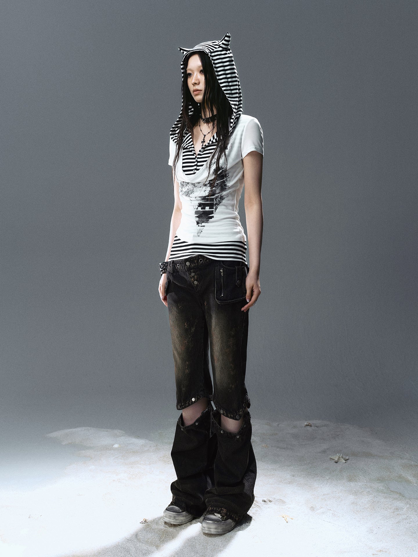 Cat-Ear Hooded Draped Neck T-Shirt