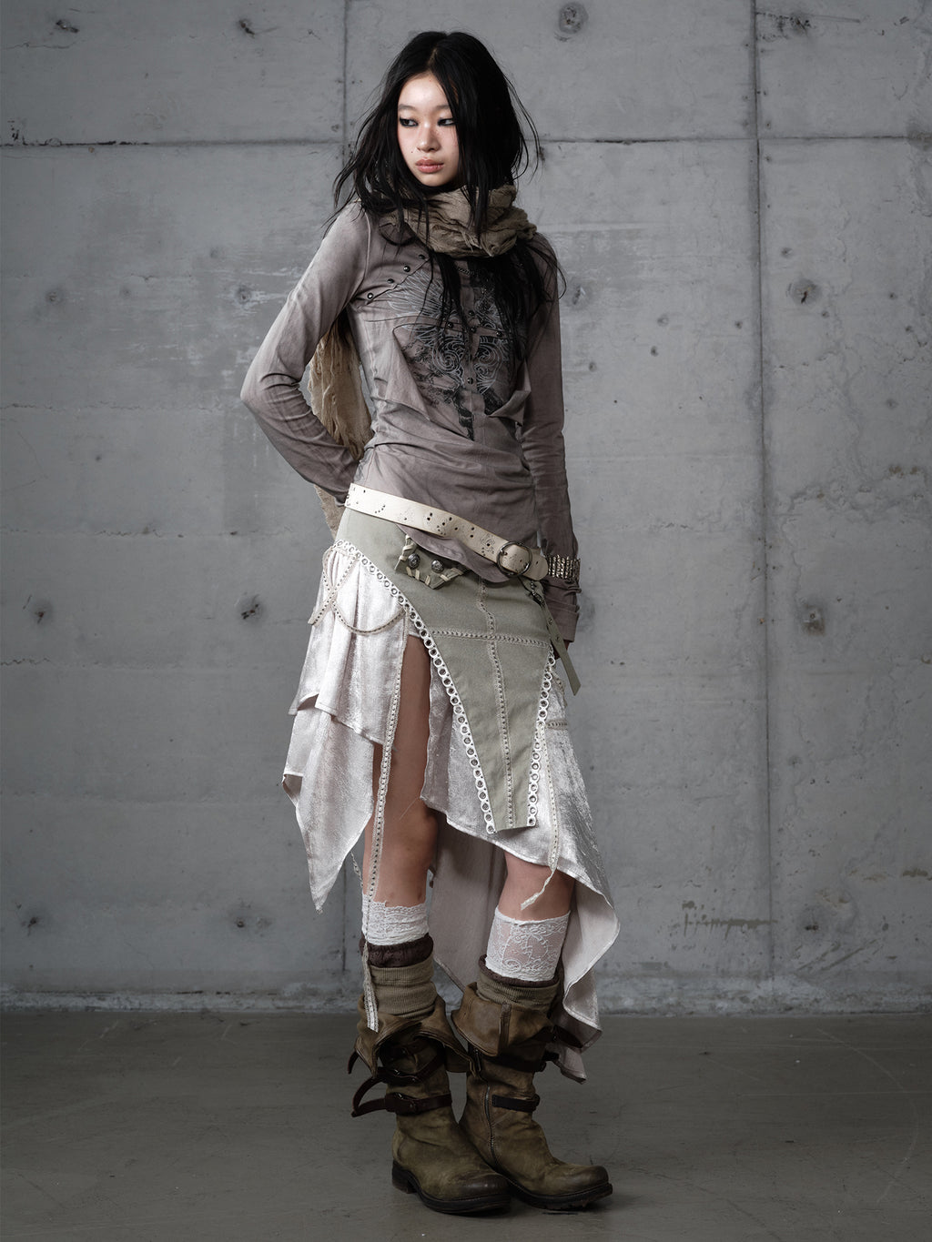 Asymmetric Leather Satin Long Skirt