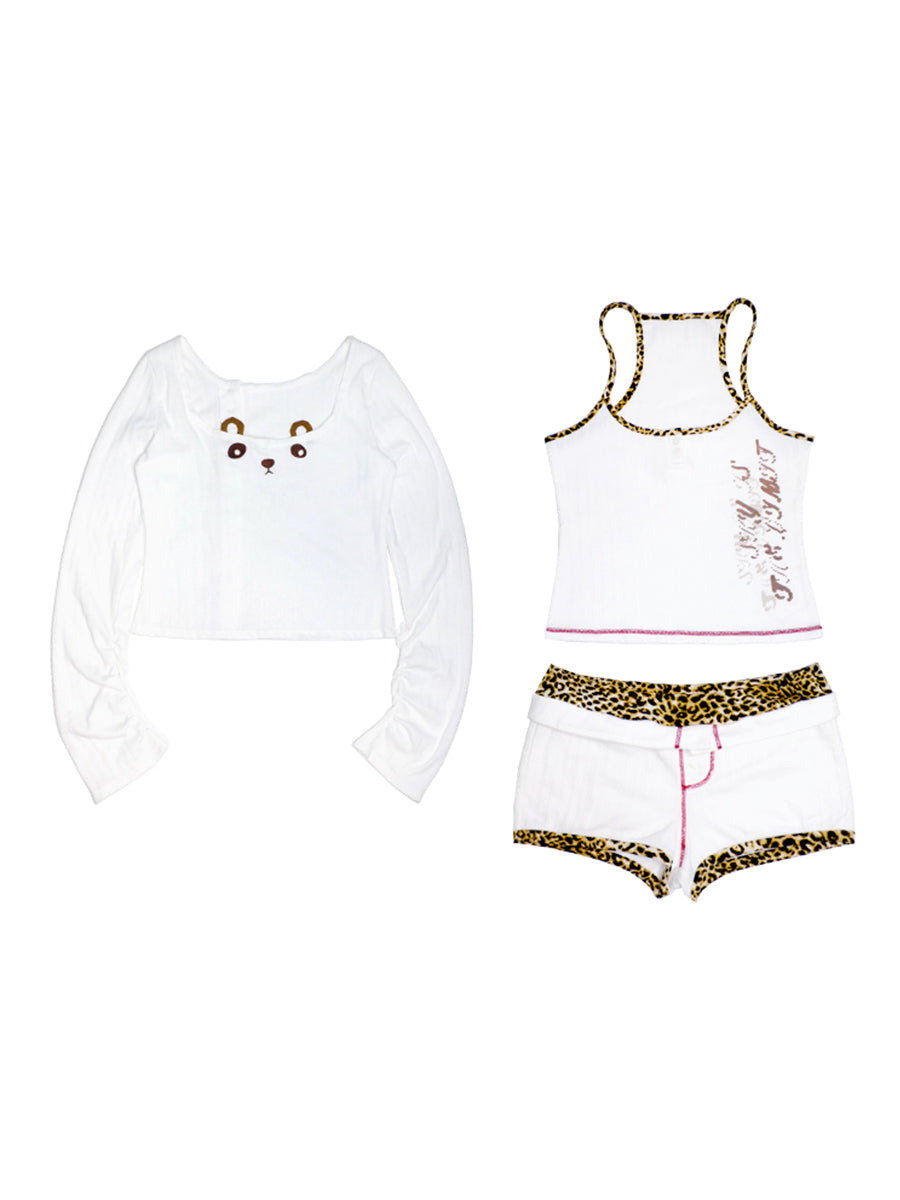 Leopard Print 3-Piece Set (Long Sleeve Tee/Tank/Shorts)