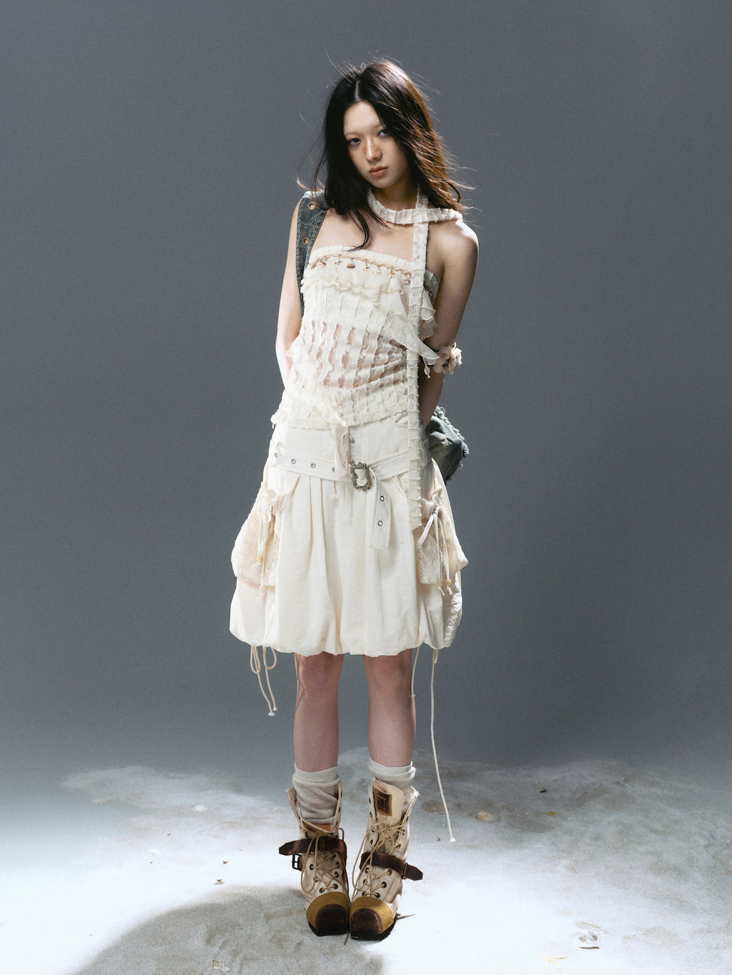 Mid-Waist Lace-Up Studded Cargo Skirt