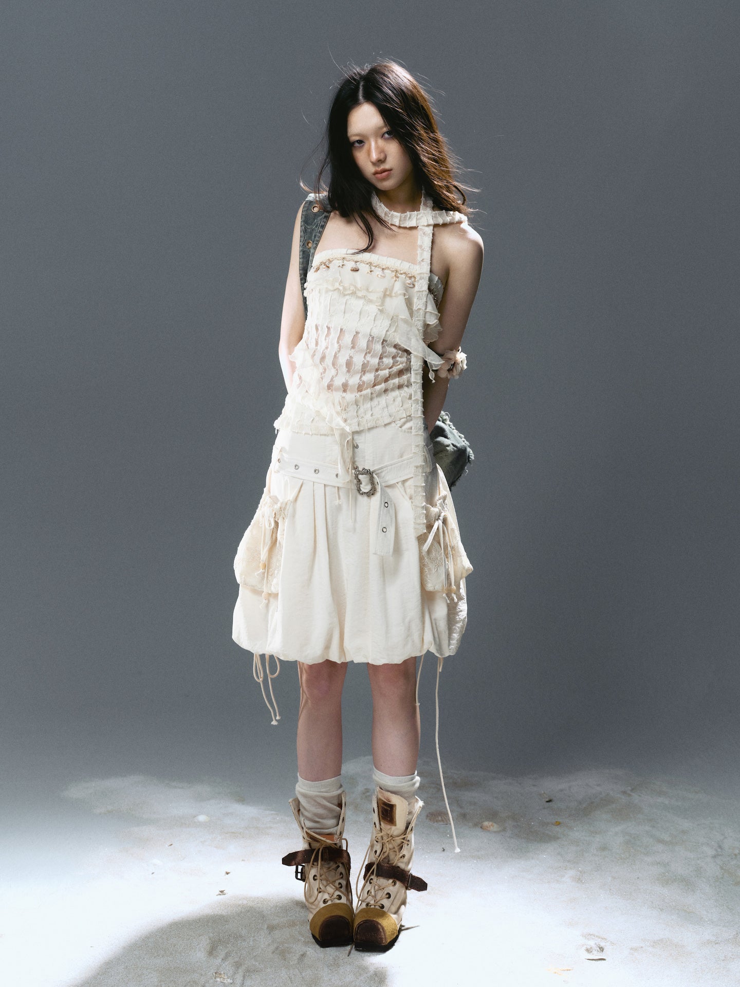 Mid-Waist Lace-Up Studded Cargo Skirt