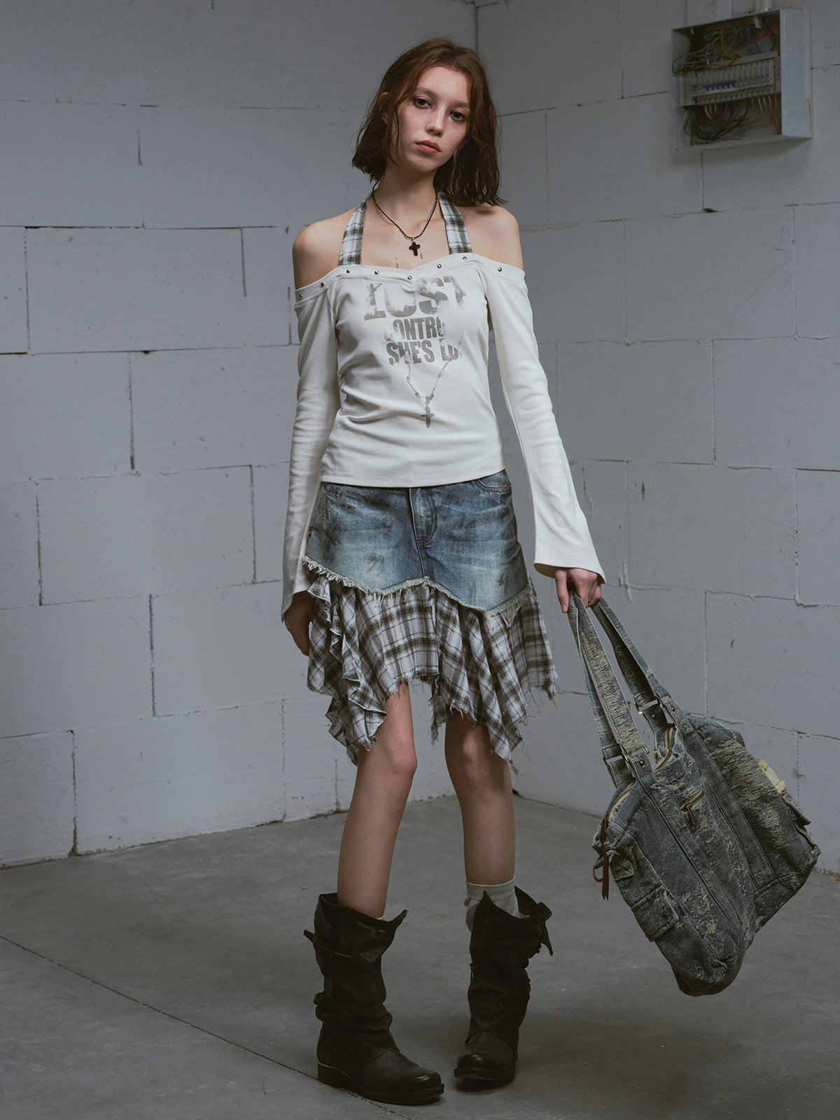 Dirty Wash Deconstructed Plaid Skirt