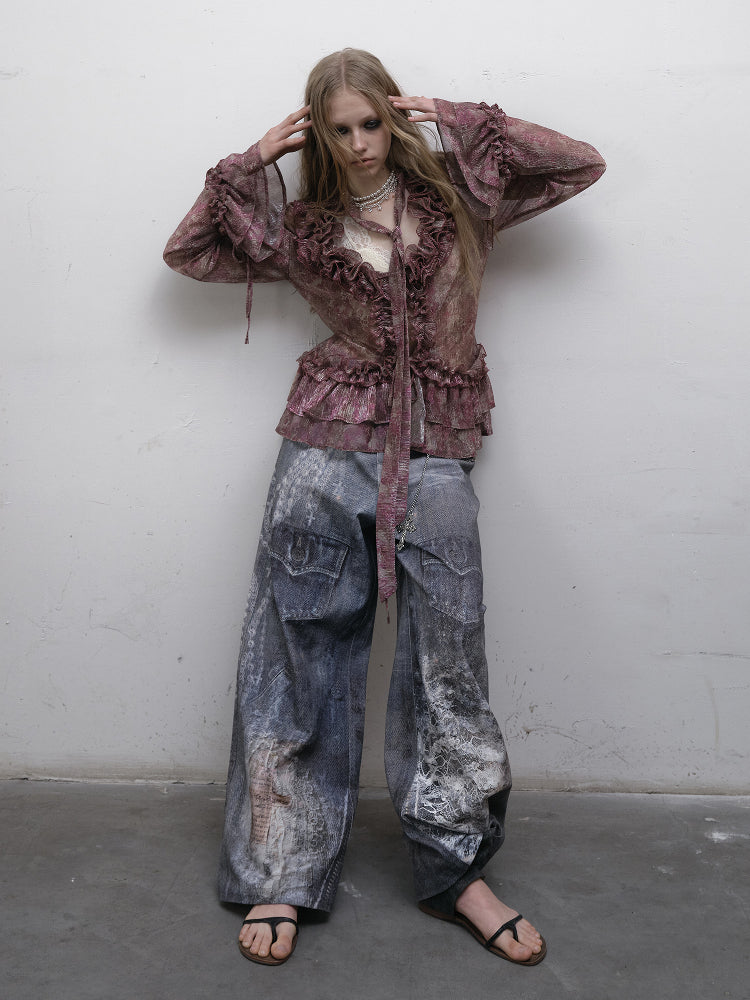 Hand-Drawn Digital Print Lace Relaxed Straight Leg Jeans