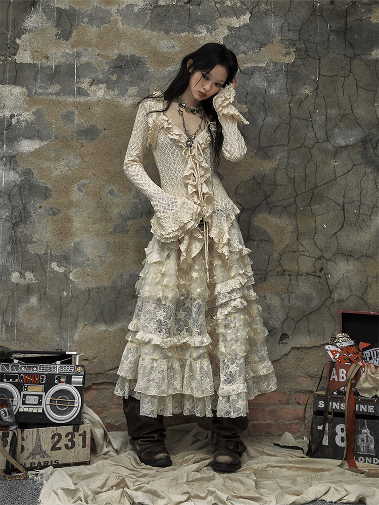 Textured Lace Ruffle Bell Sleeve Blouse