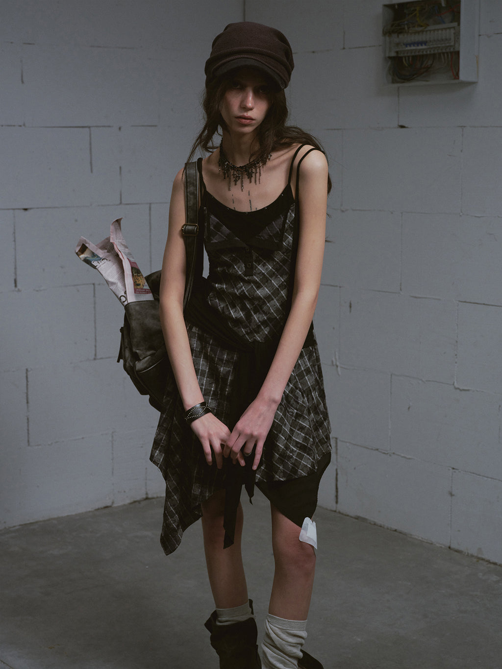Layered Black & Gray Plaid Slip Dress