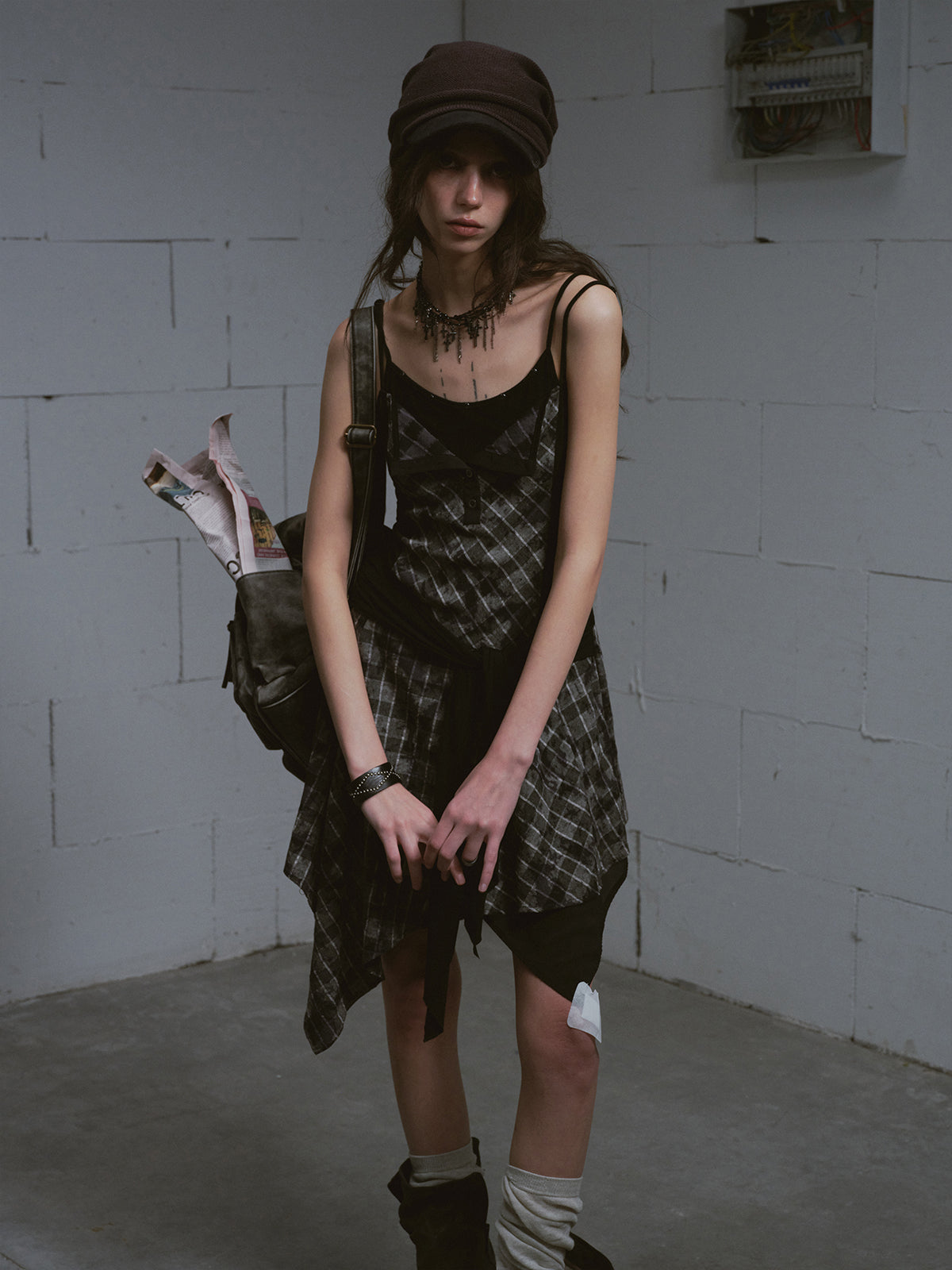 Layered Black & Gray Plaid Slip Dress