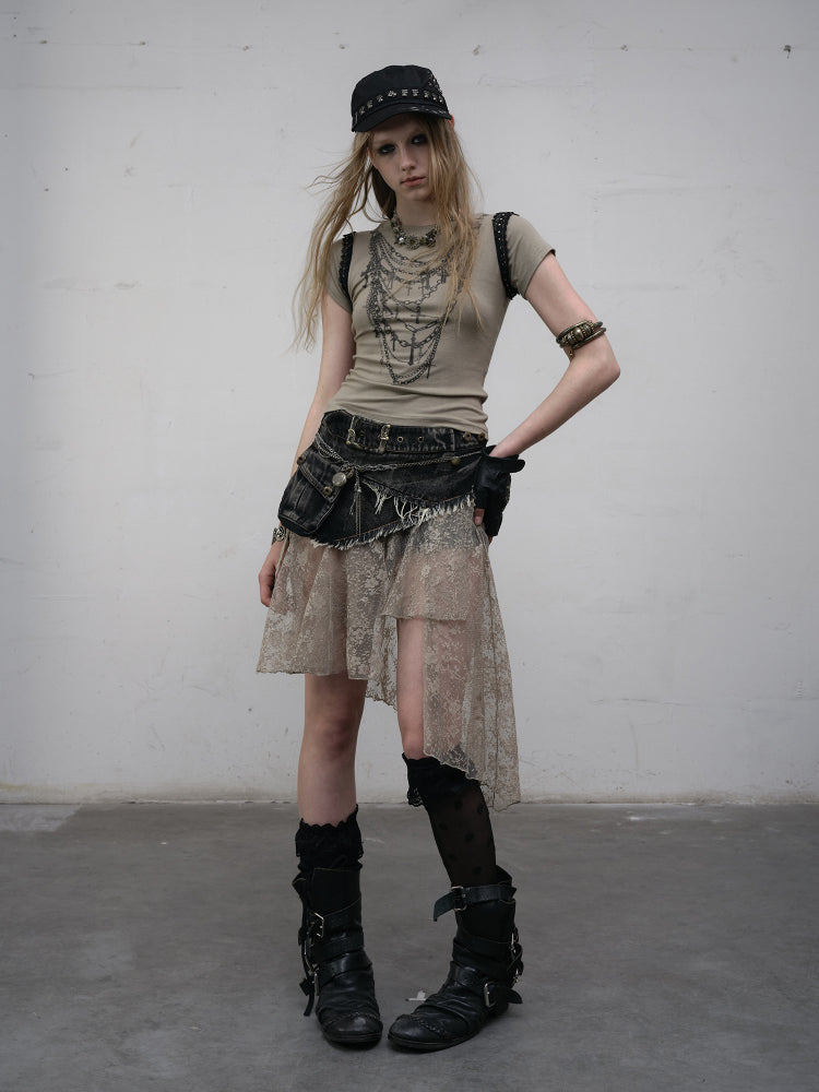 Lace Denim Asymmetrical Skirt