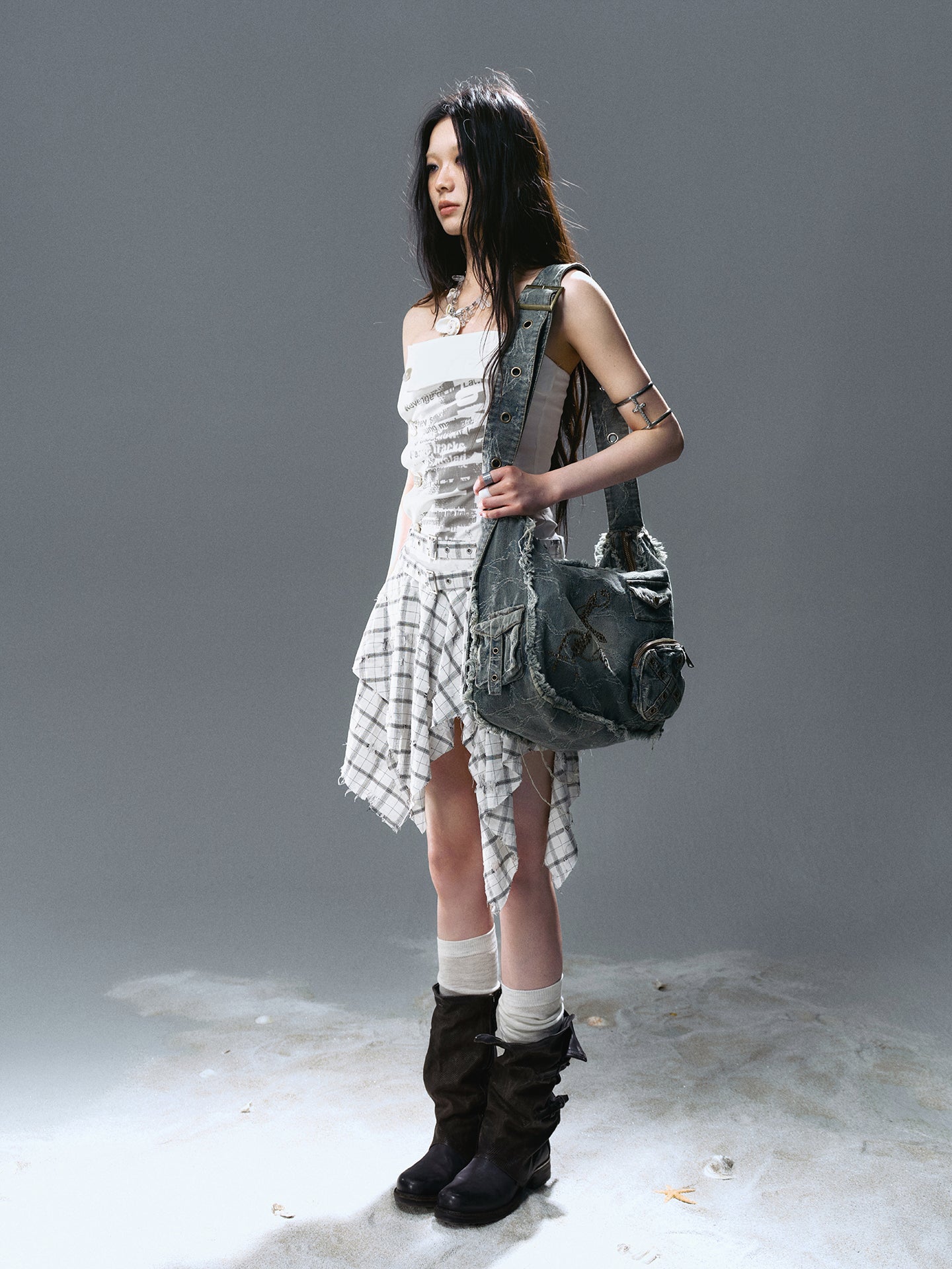 Star & Cross Print Distressed Sling Bag