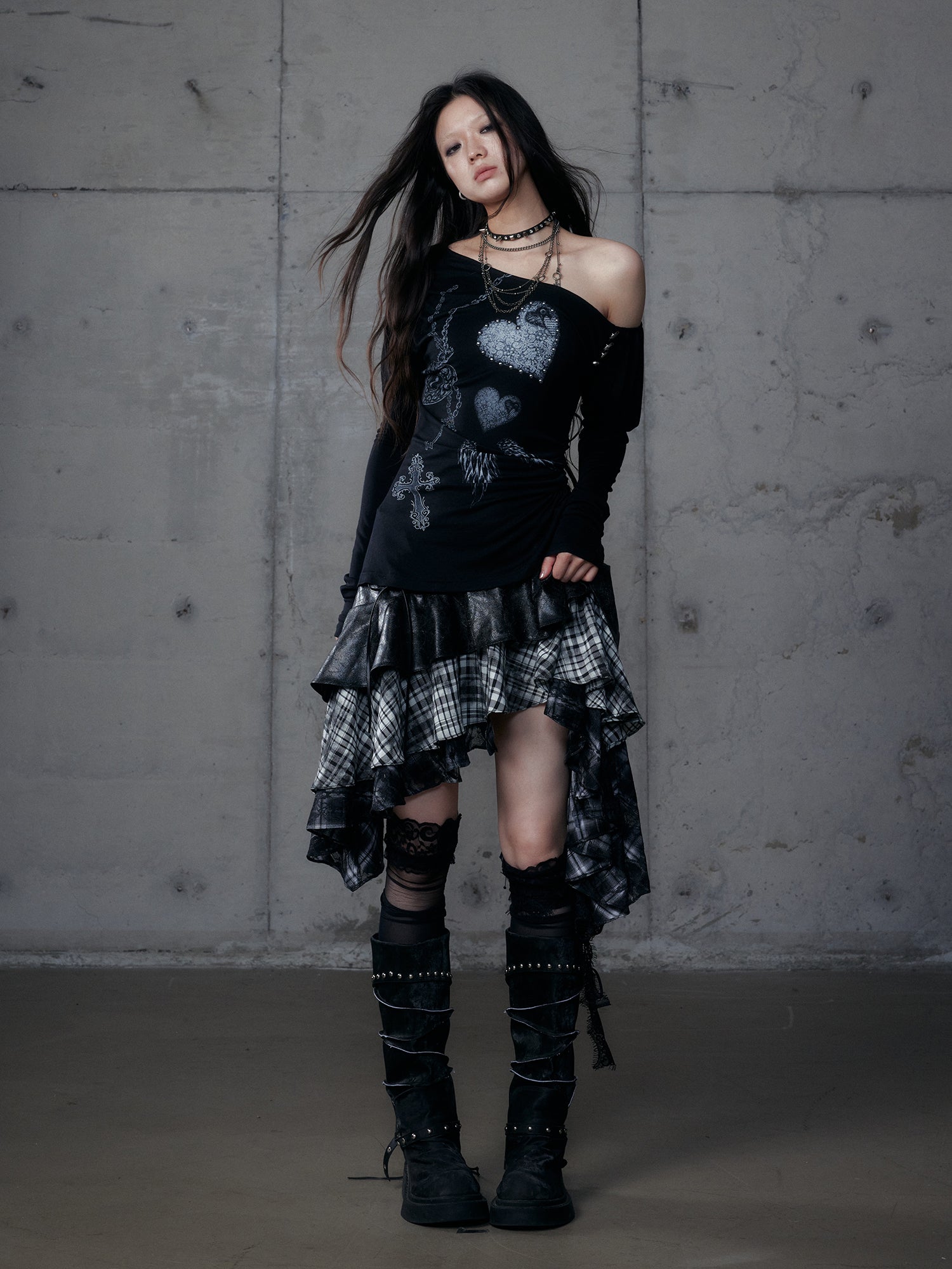 Baroque Puff Sleeve Asymmetric Slim Print Long Sleeve Tee