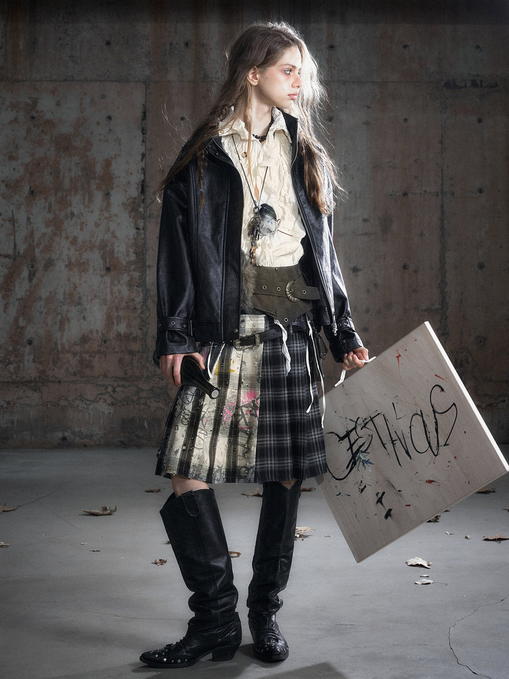 Leather Waist Panel Black Gray Plaid Belted Pleated Skirt