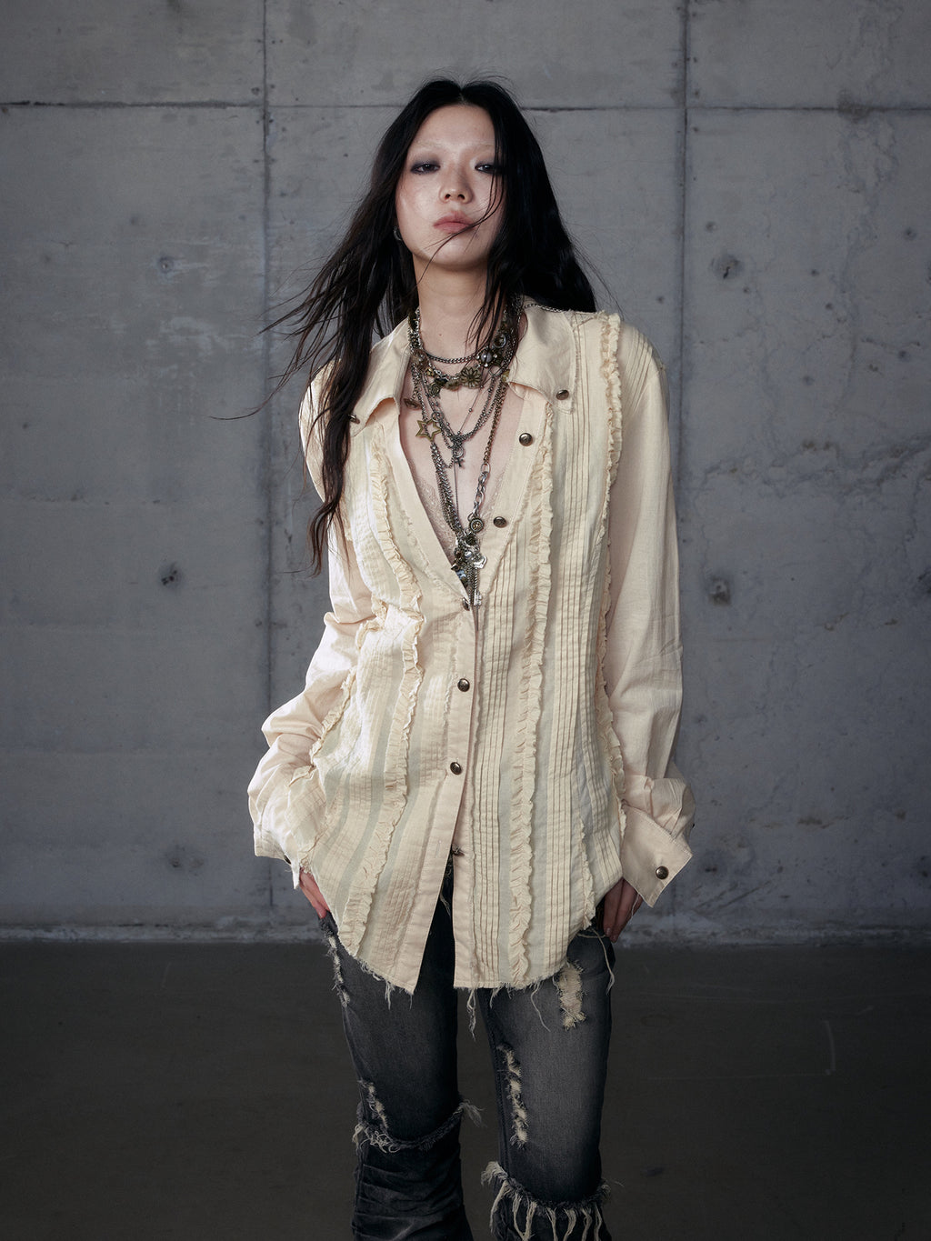 Lace V-Neck Puff Short/Long Sleeve Shirt