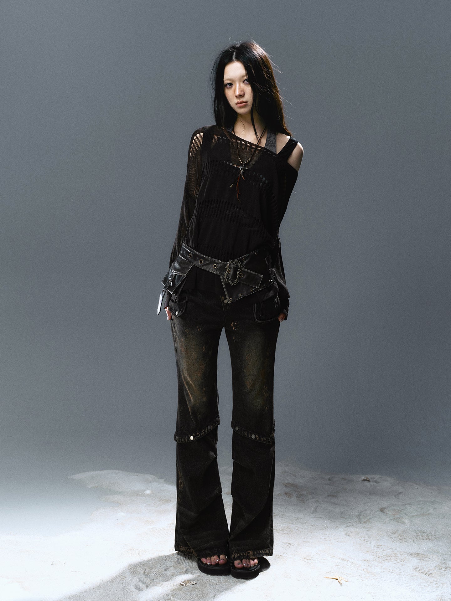 Oversize Linen Knit Cardigan with Distressed Holes