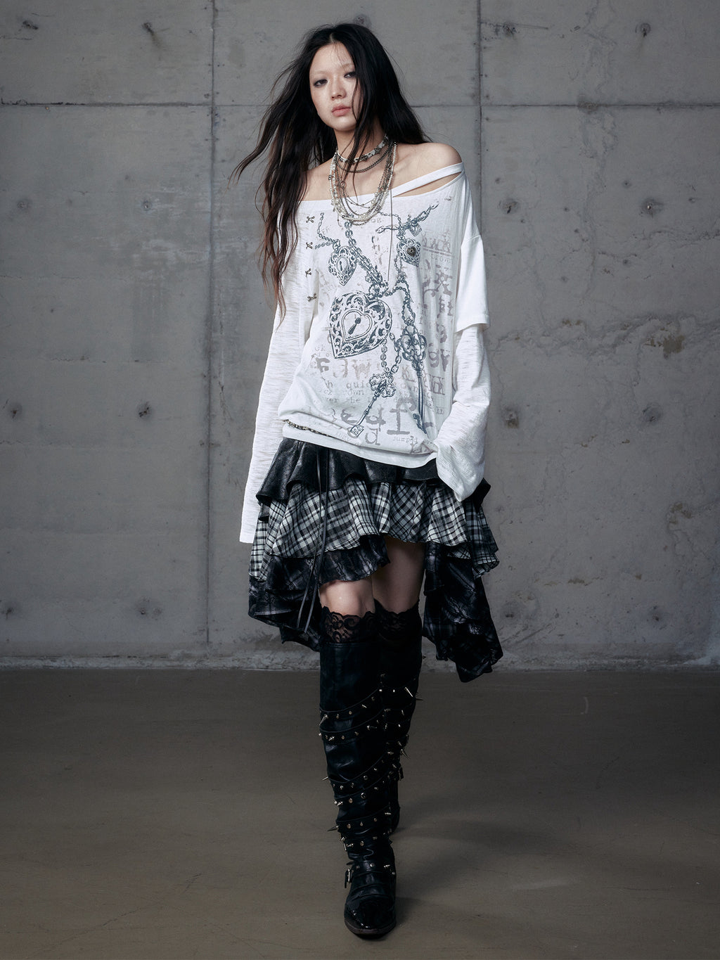 Distressed Fake Two-Piece Off-Shoulder Long Sleeve Top