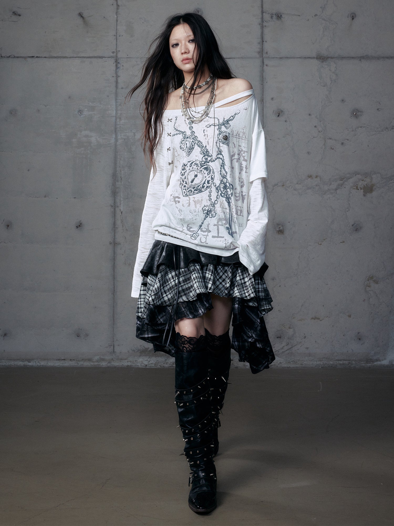 Distressed Fake Two-Piece Off-Shoulder Long Sleeve Top
