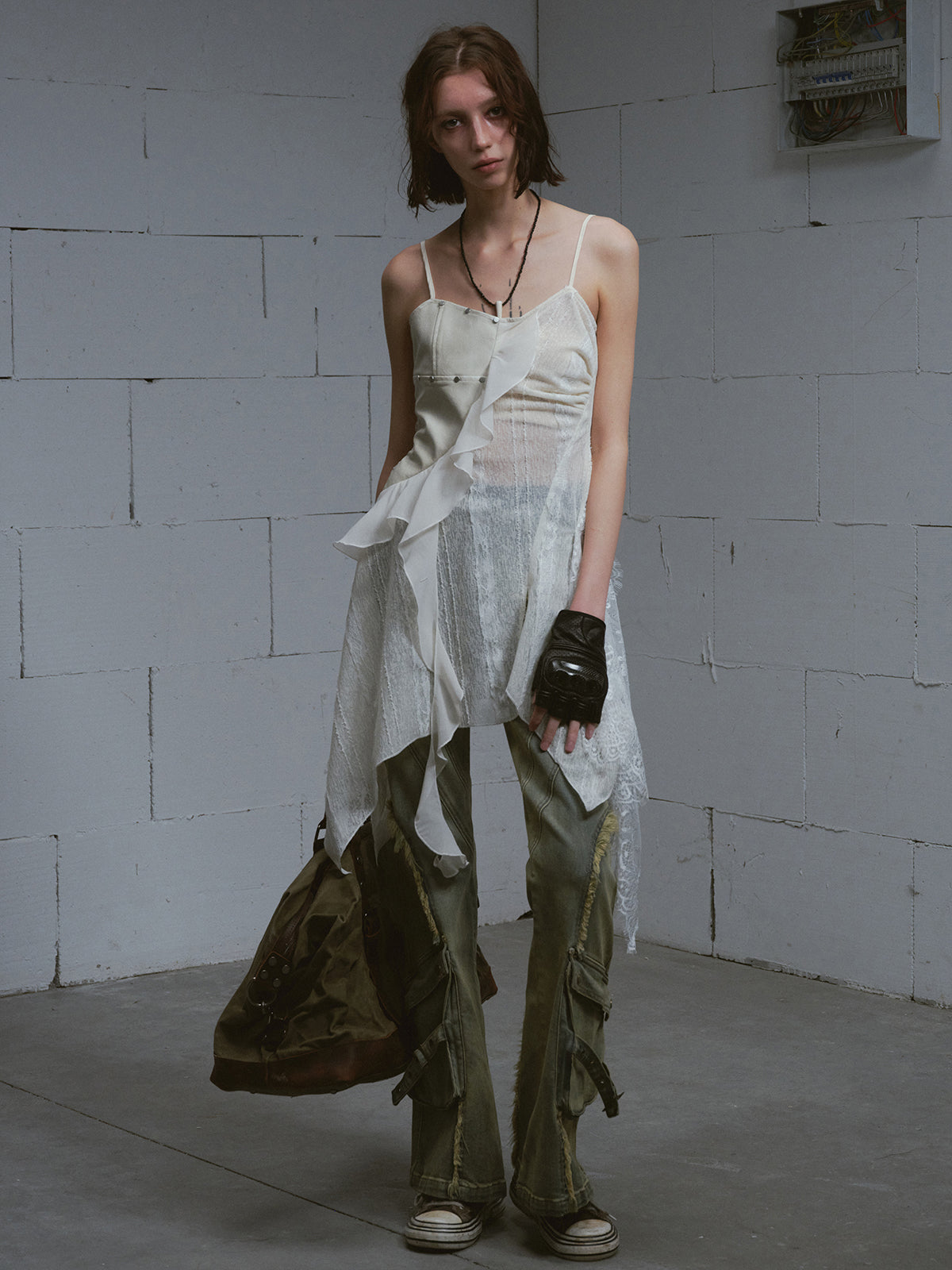 Leather-Panel Sheer Lace Slip Dress