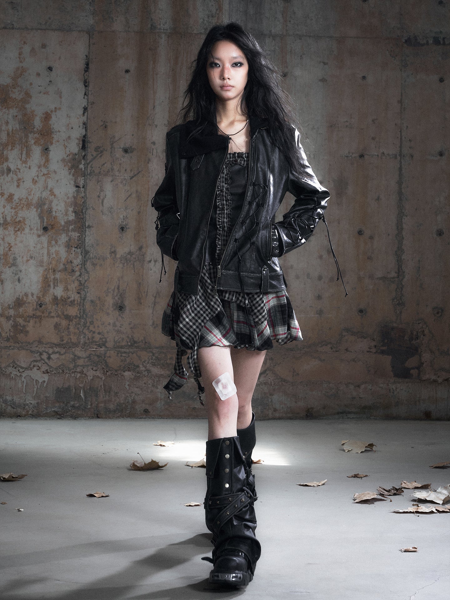 Knit Panel Stacked Collar Washed Leather Jacket